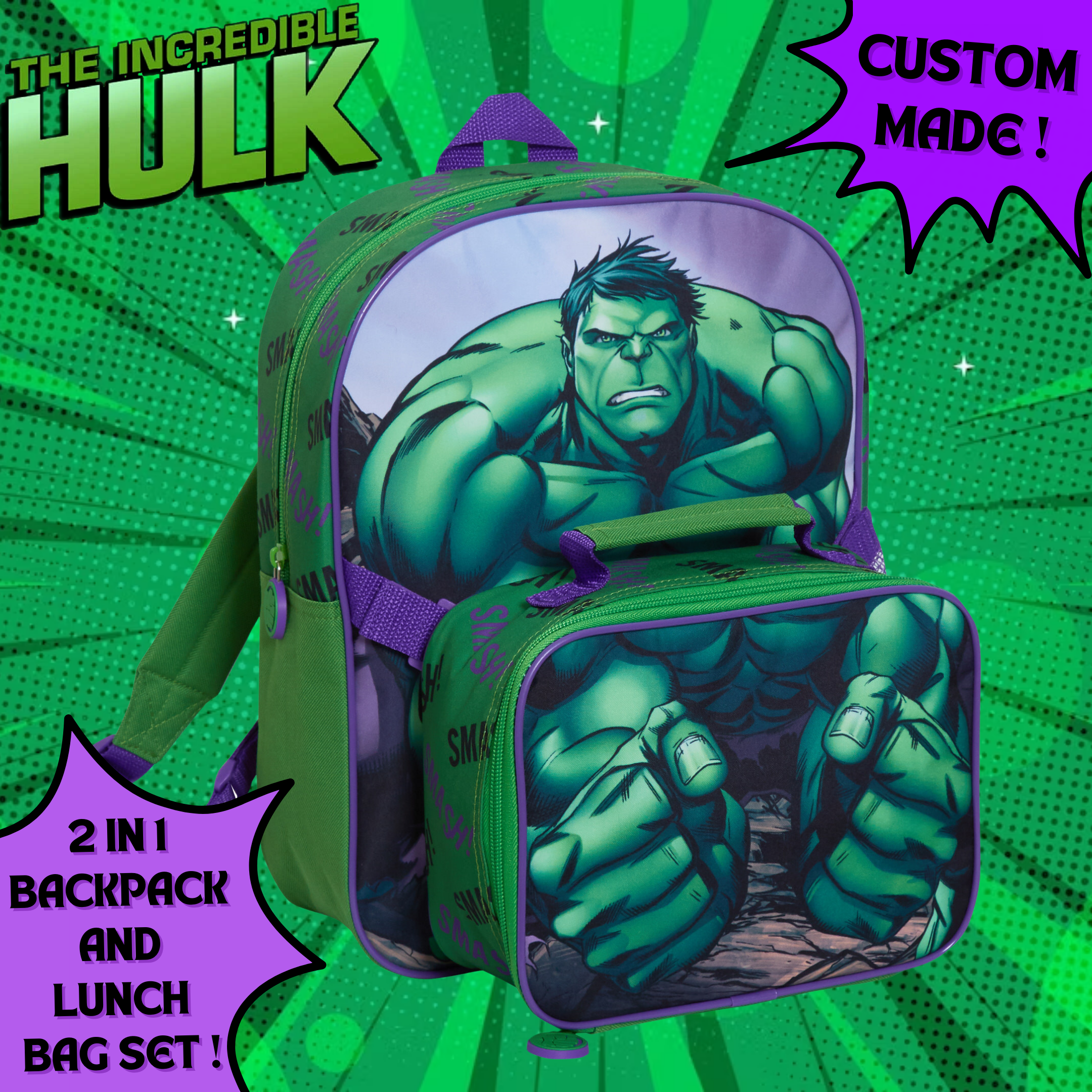 The Hulk Backpack With Lunch Bag For Kids Marvel Matching 2 Piece School Bag Set