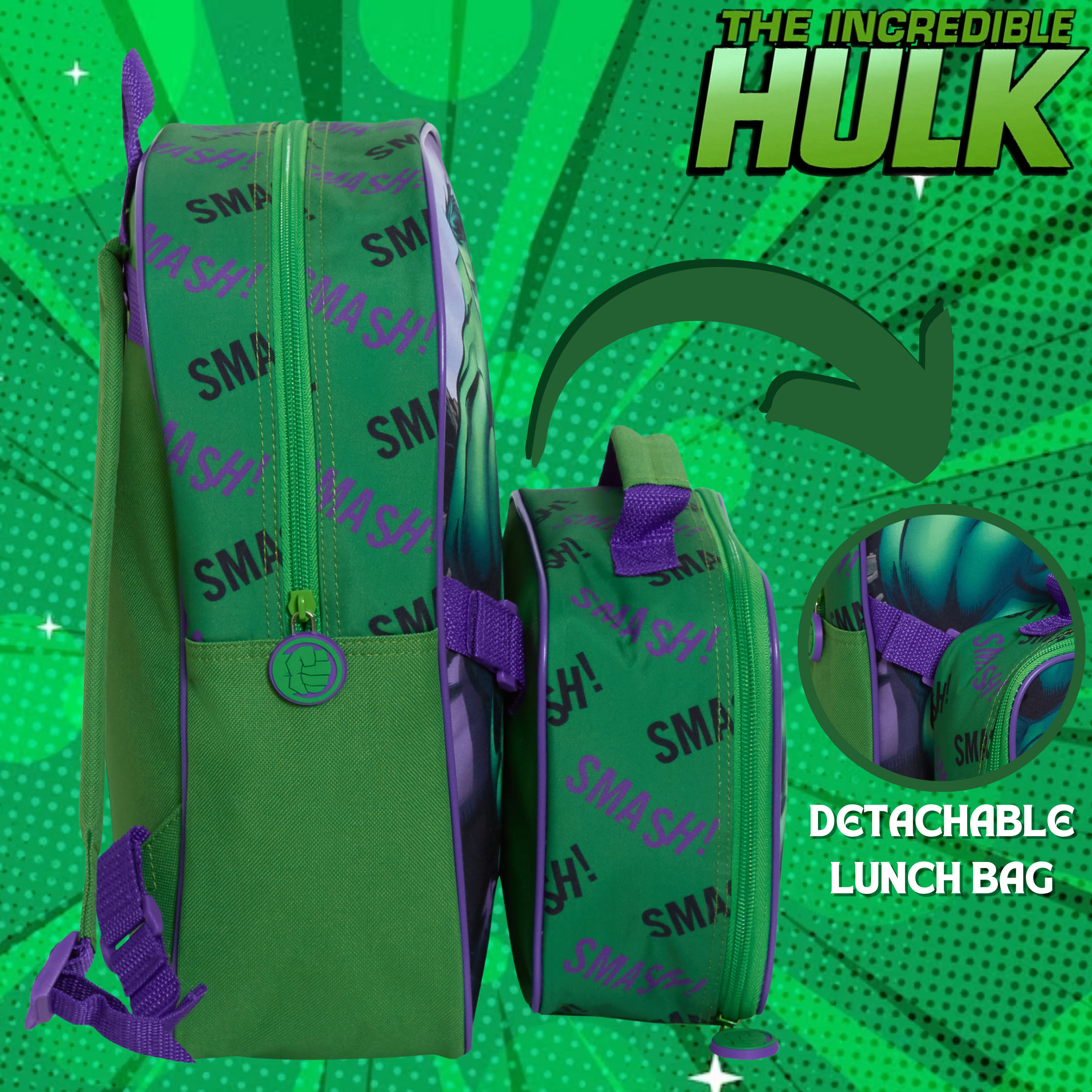 The Hulk Backpack With Lunch Bag For Kids Marvel Matching 2 Piece School Bag Set