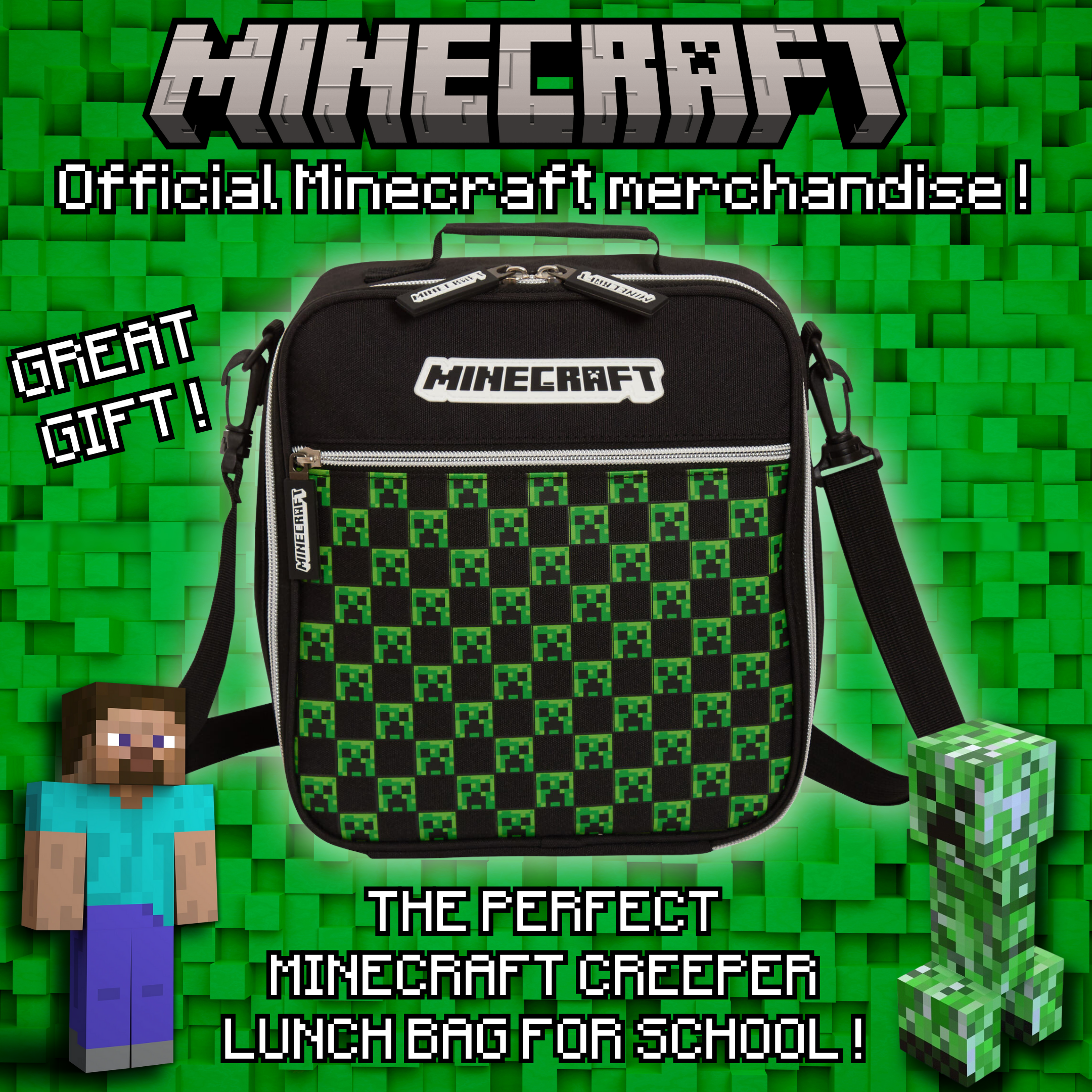 Minecraft Lunch Bag Adults Kids Creeper Gamer School Luchbox Gaming Bag + Strap
