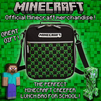 Minecraft Lunch Bag Adults Kids Creeper Gamer School Luchbox Gaming Bag + Strap