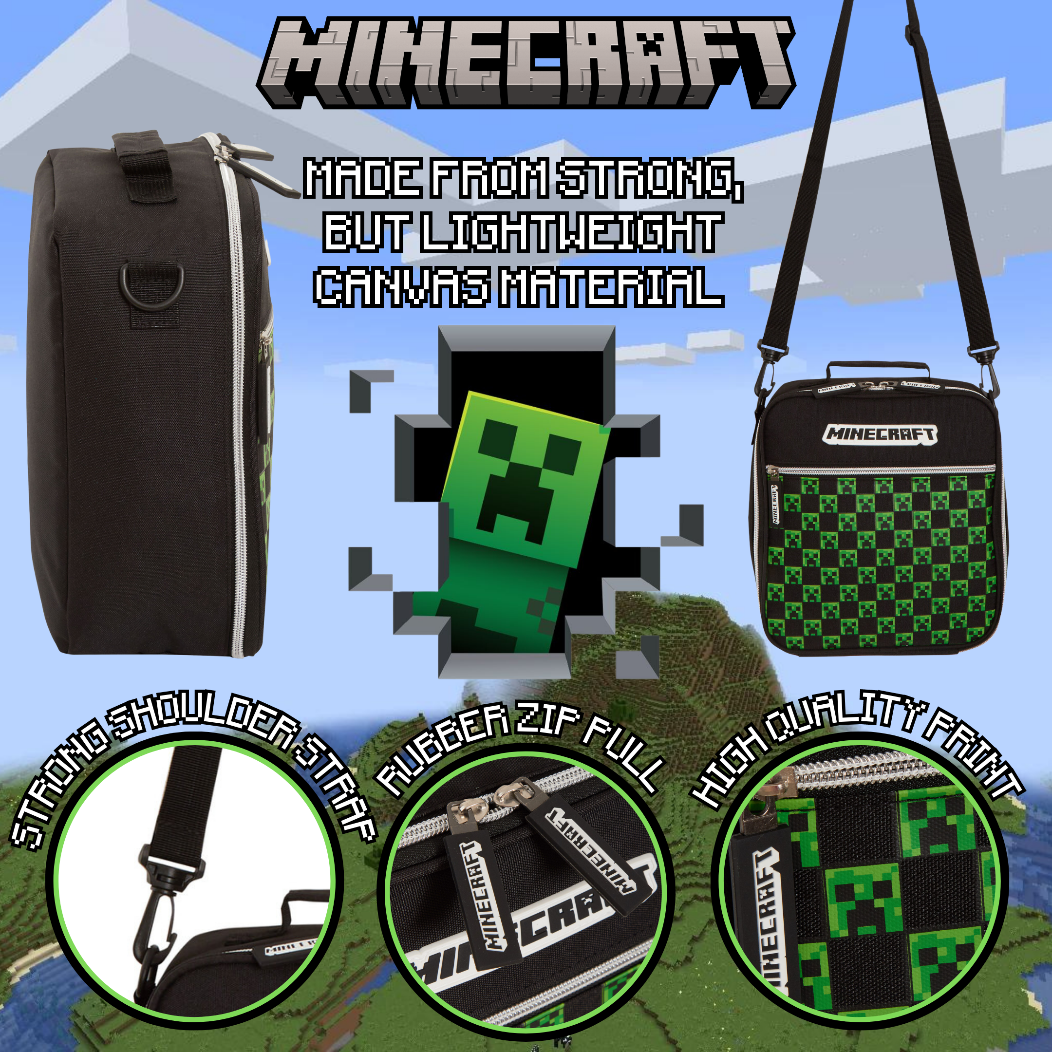 Minecraft Lunch Bag Adults Kids Creeper Gamer School Luchbox Gaming Bag + Strap