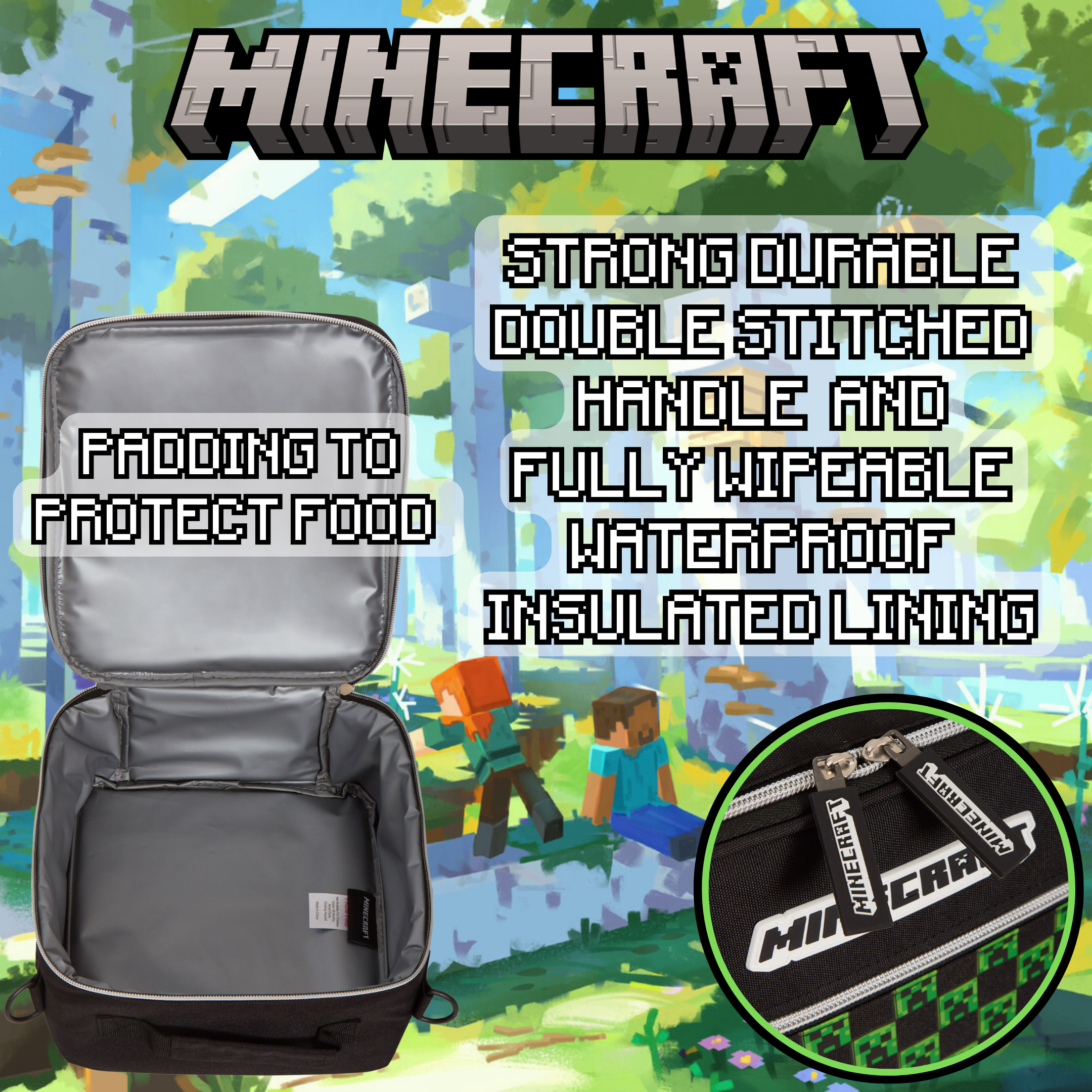 Minecraft Lunch Bag Adults Kids Creeper Gamer School Luchbox Gaming Bag + Strap