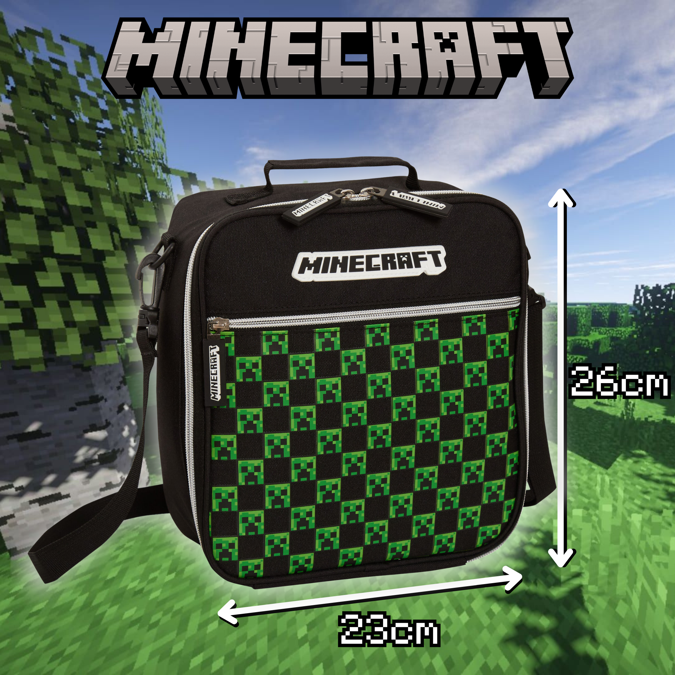 Minecraft Lunch Bag Adults Kids Creeper Gamer School Luchbox Gaming Bag + Strap