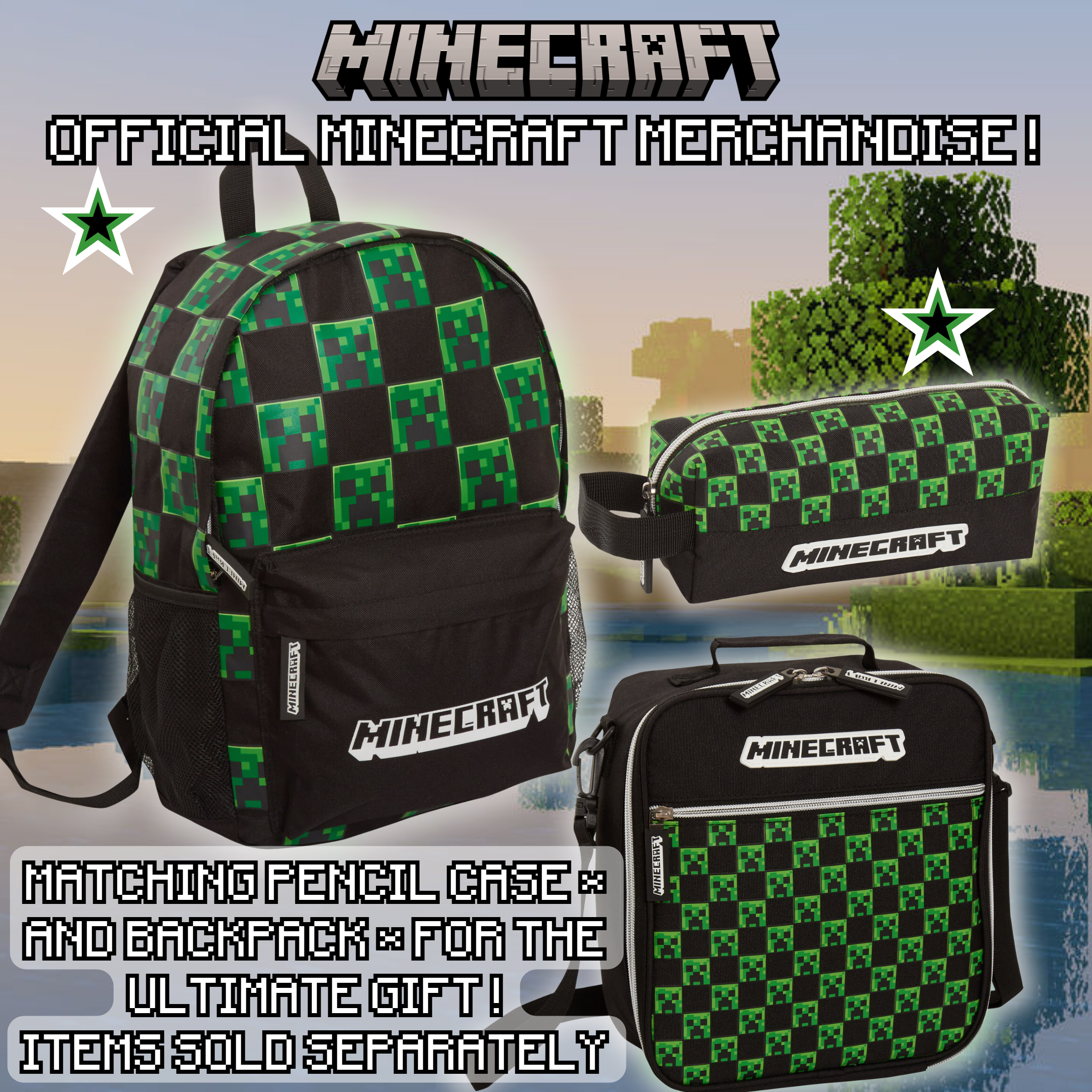 Minecraft Lunch Bag Adults Kids Creeper Gamer School Luchbox Gaming Bag + Strap