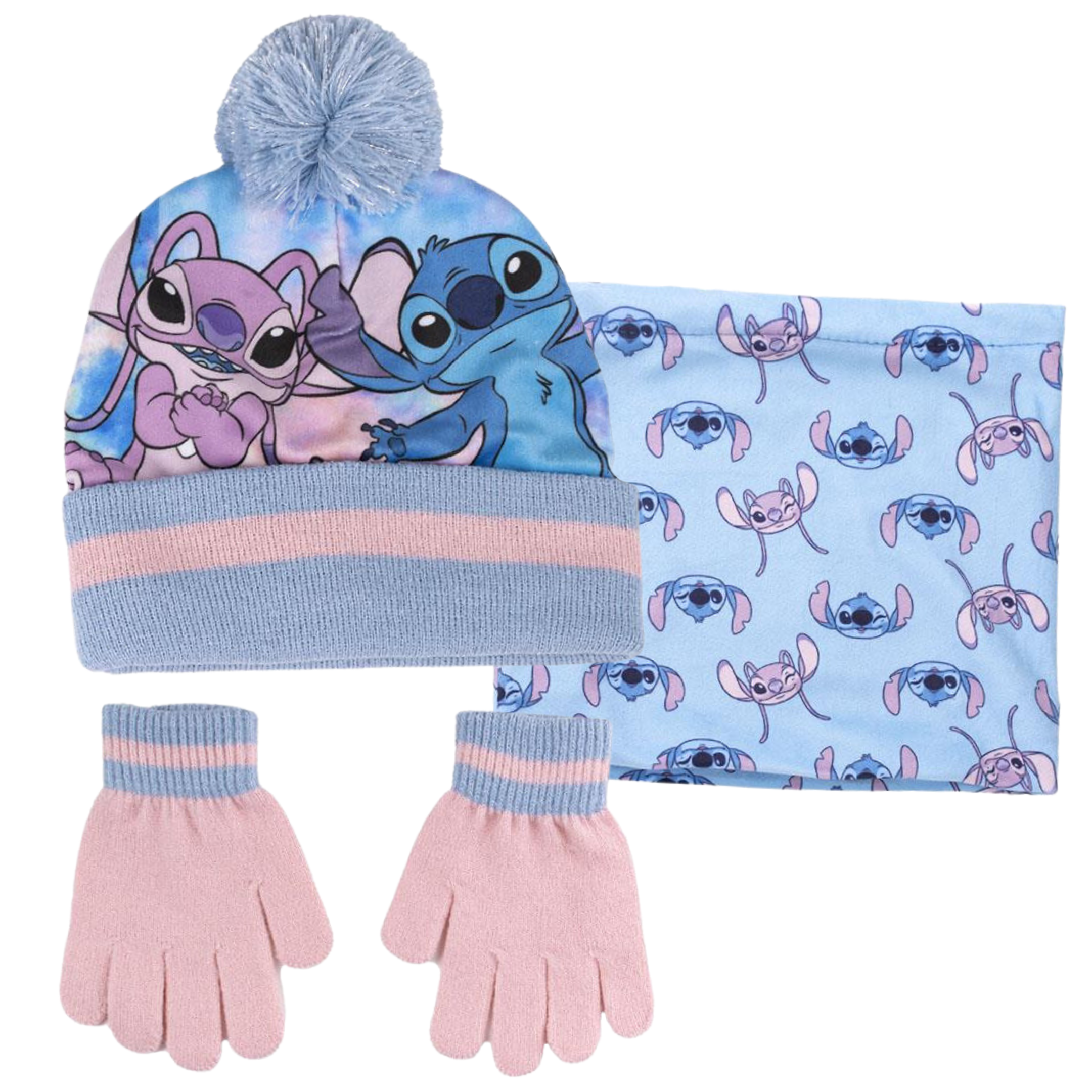 Disney Stitch & Angel Bobble Hat Snood Scarf + Gloves Set Girls 3 Pc Winter Set