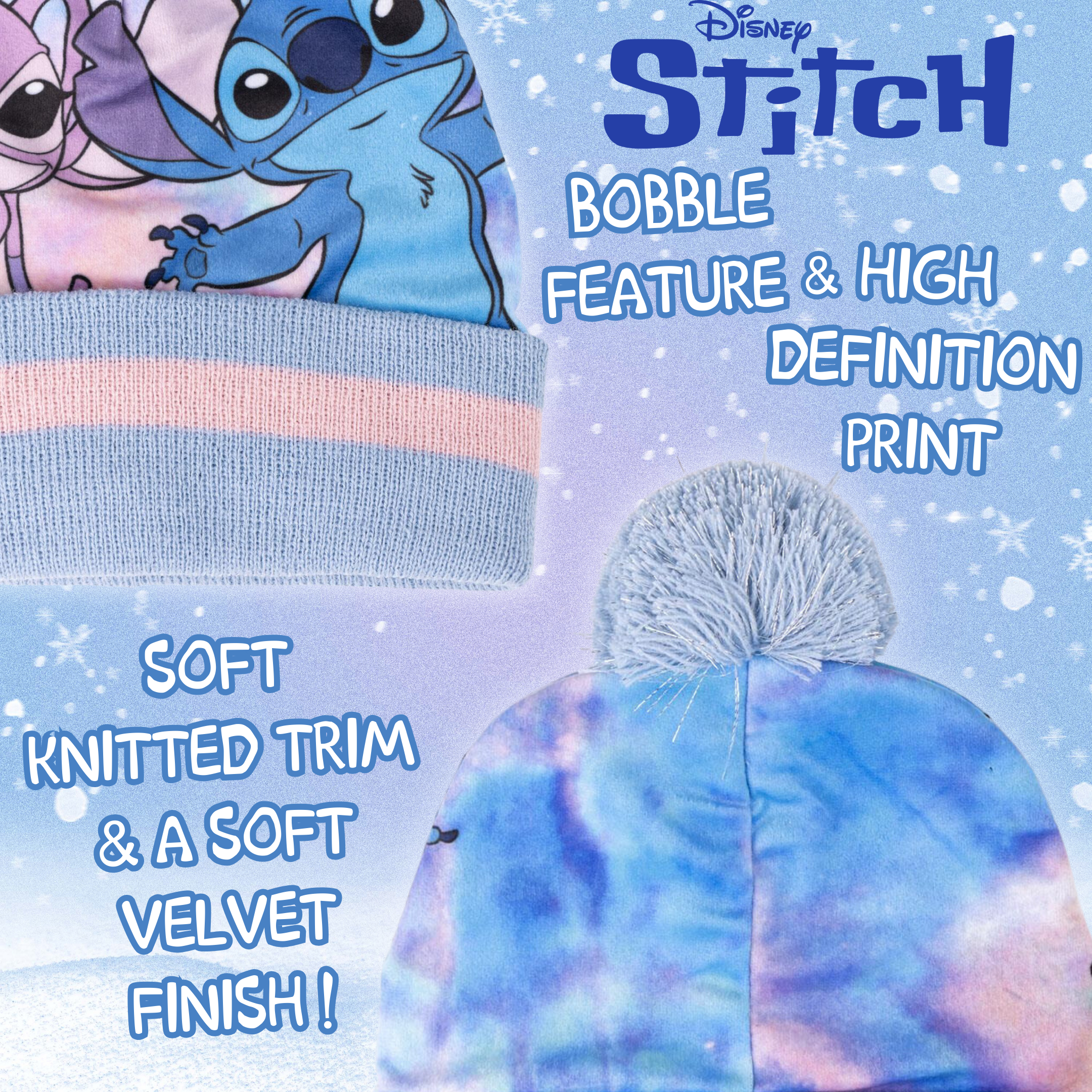 Disney Stitch & Angel Bobble Hat Snood Scarf + Gloves Set Girls 3 Pc Winter Set