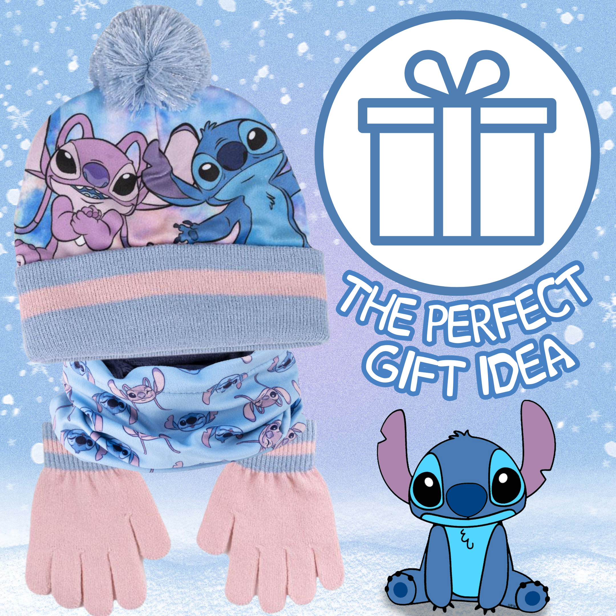 Disney Stitch & Angel Bobble Hat Snood Scarf + Gloves Set Girls 3 Pc Winter Set