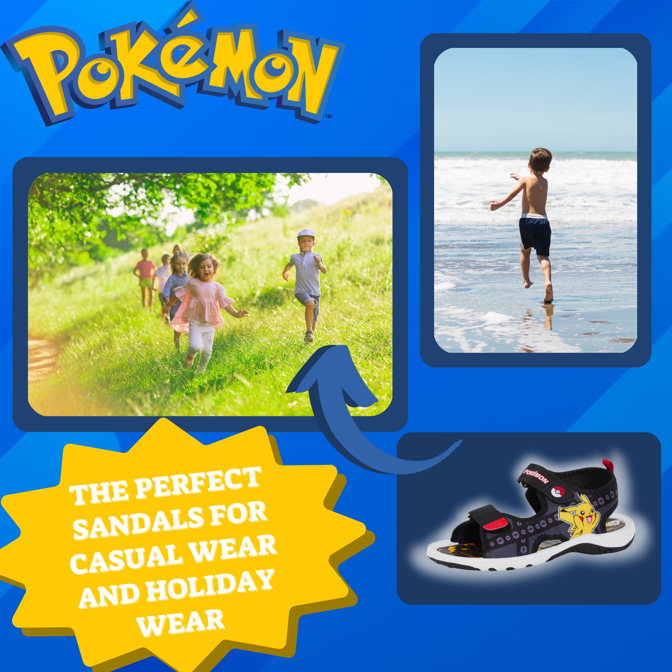Pokemon Sports Sandals For Boys Kids Pikachu Open Toe Easy Fasten Summer Shoes