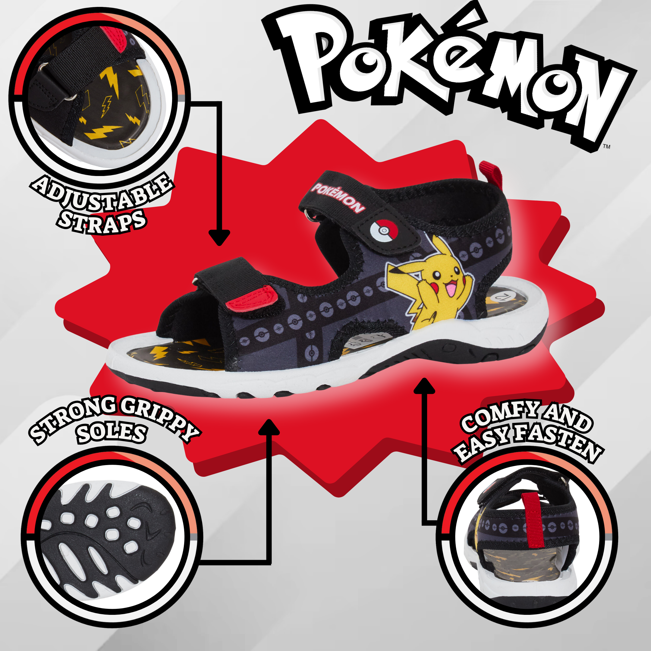Pokemon Sports Sandals For Boys Kids Pikachu Open Toe Easy Fasten Summer Shoes