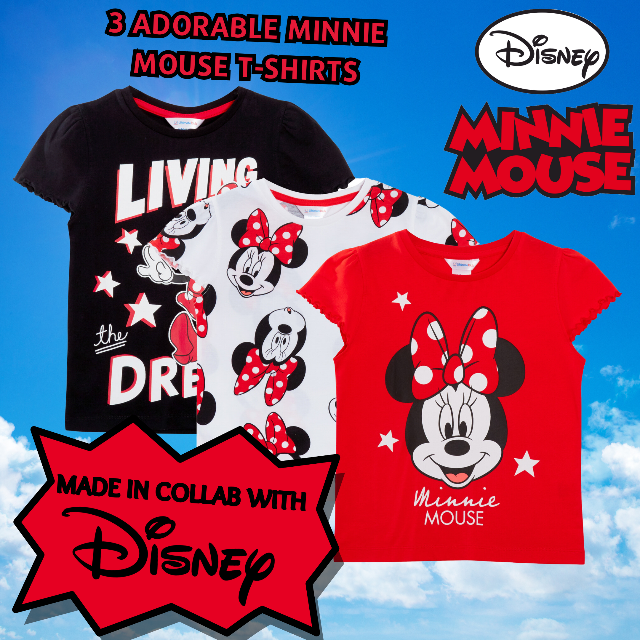 Girls 3 Pack Disney Minnie Mouse T-Shirts For Kids Disney Minnie Dress Up Tops