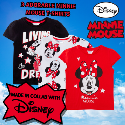 Girls 3 Pack Disney Minnie Mouse T-Shirts For Kids Disney Minnie Dress Up Tops