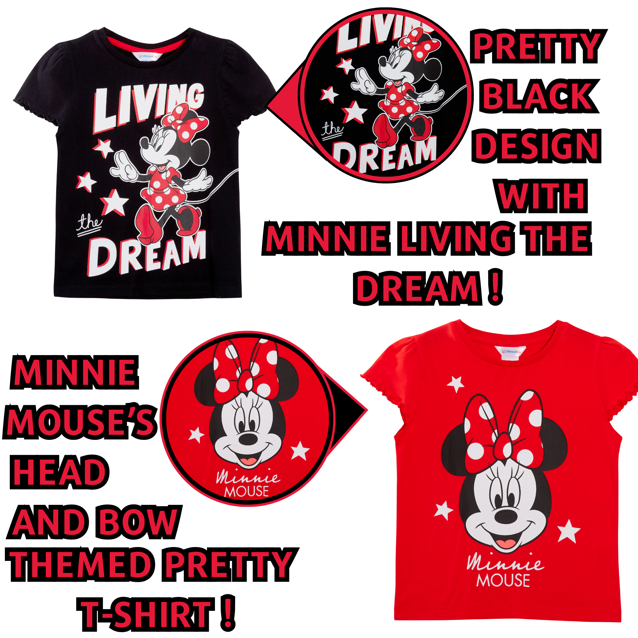 Girls 3 Pack Disney Minnie Mouse T-Shirts For Kids Disney Minnie Dress Up Tops