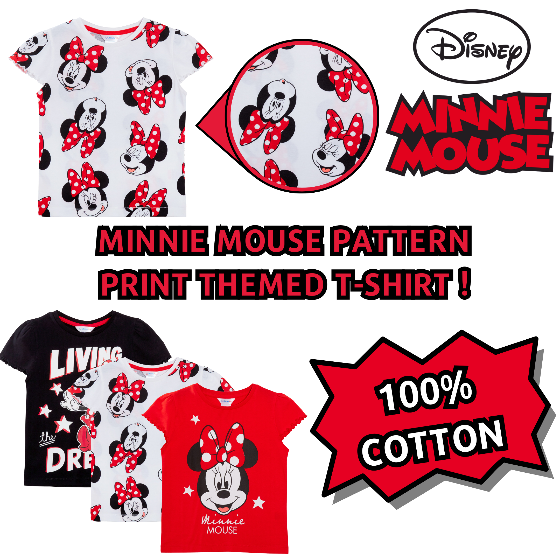 Girls 3 Pack Disney Minnie Mouse T-Shirts For Kids Disney Minnie Dress Up Tops