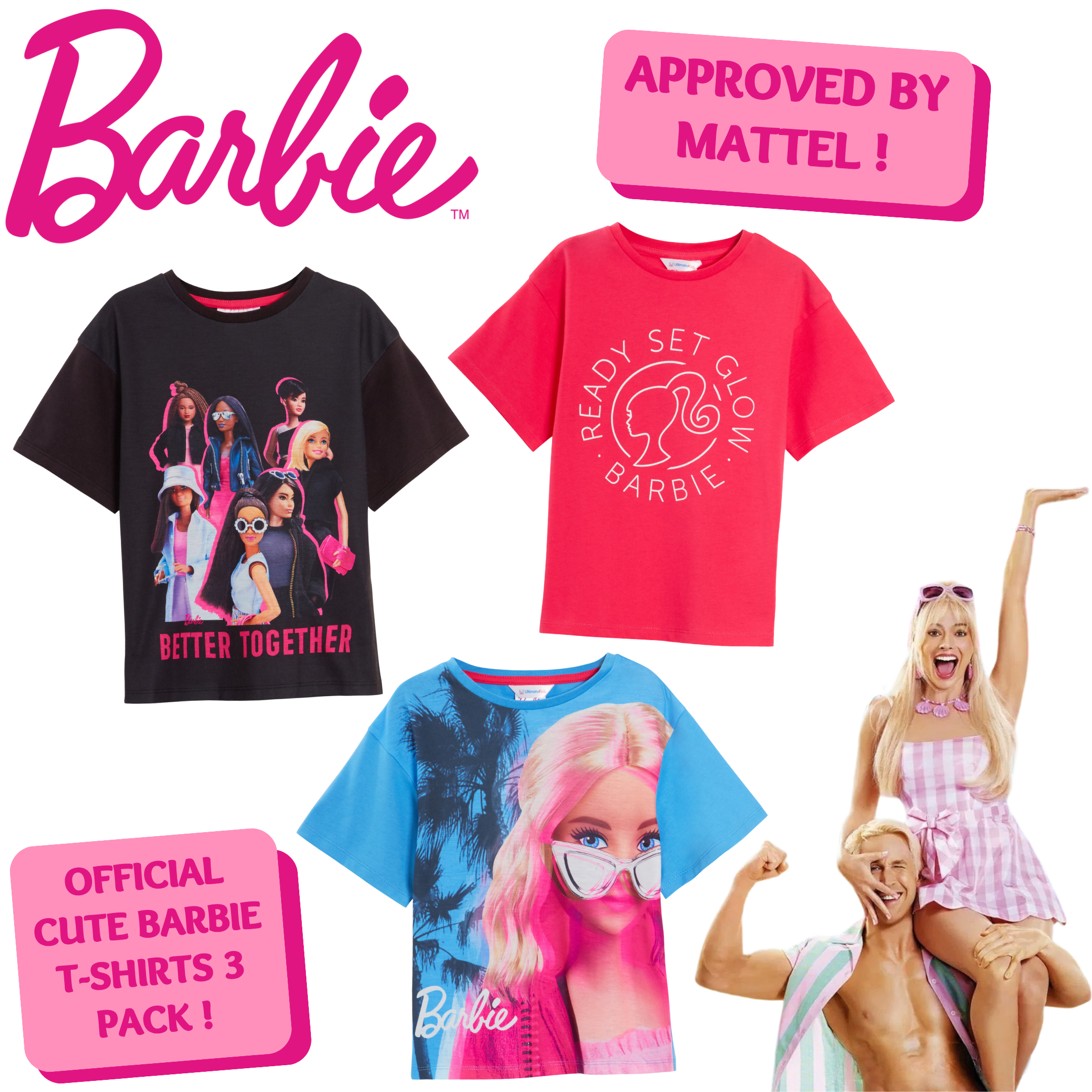 Girls 3 Pack Barbie T-Shirts Kids Cotton Tees Multipack Official Dress Up Tops