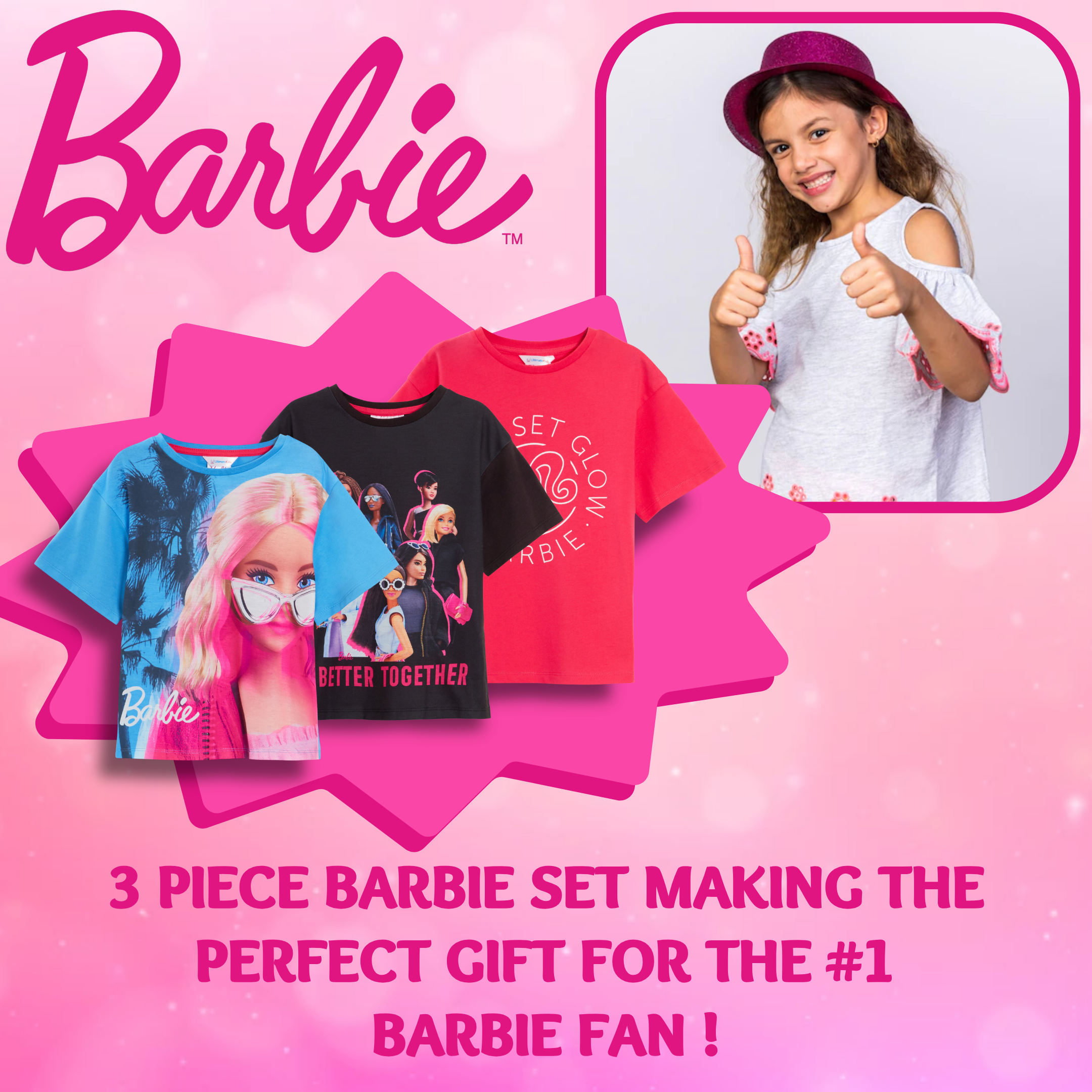 Girls 3 Pack Barbie T-Shirts Kids Cotton Tees Multipack Official Dress Up Tops