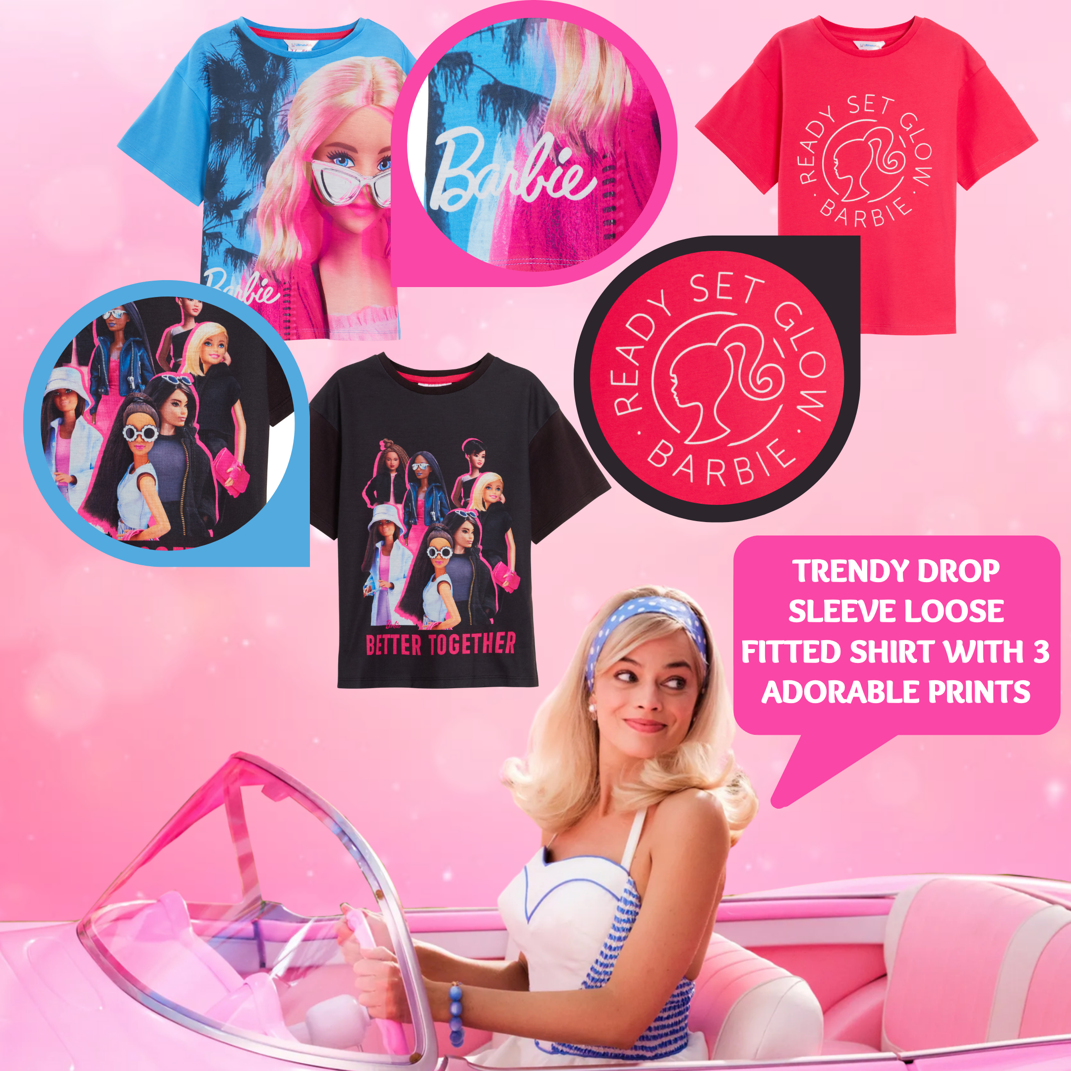 Girls 3 Pack Barbie T-Shirts Kids Cotton Tees Multipack Official Dress Up Tops