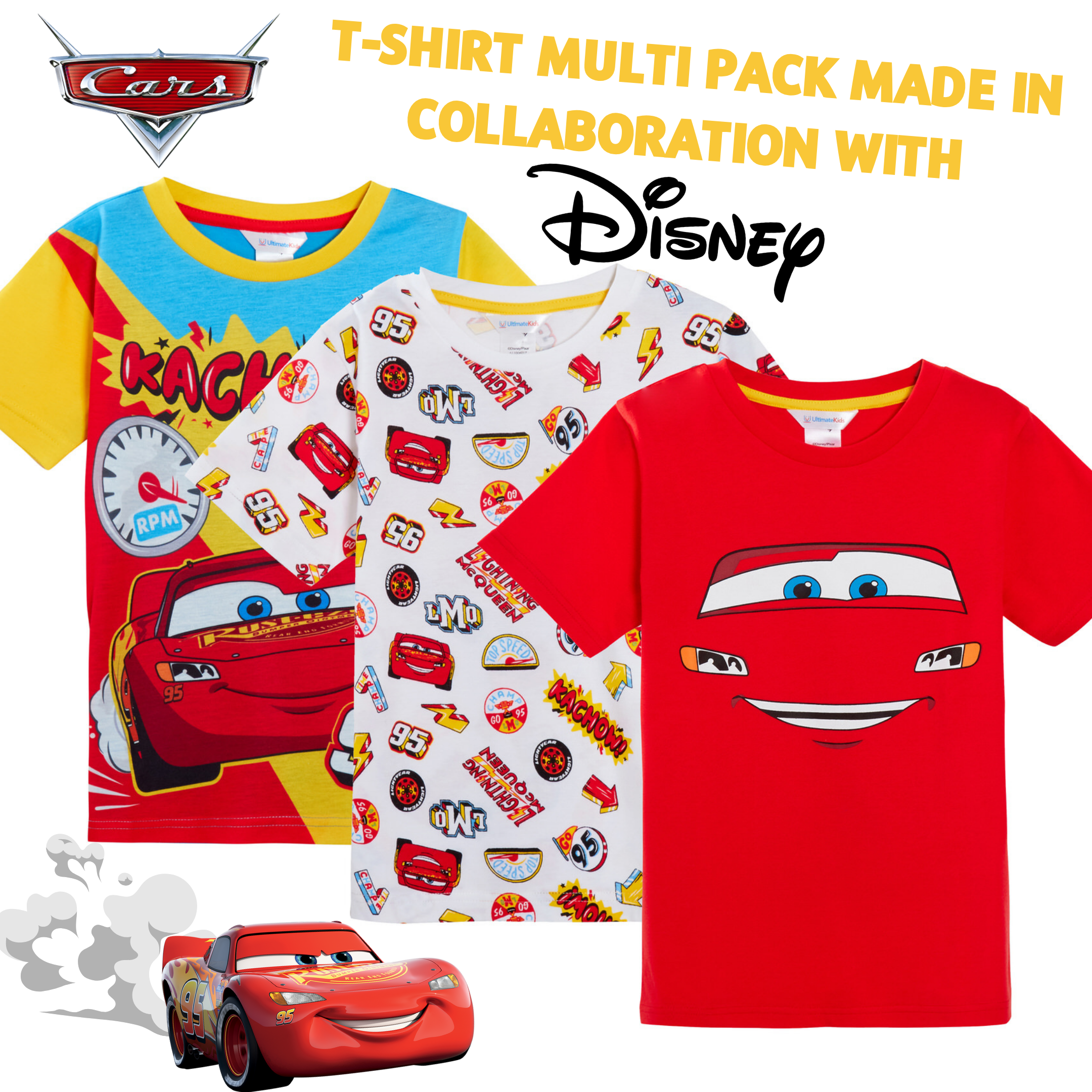 Boys 3 Pack Disney Cars T-Shirts Lightning McQueen Dress Up Top Short Summer Tee