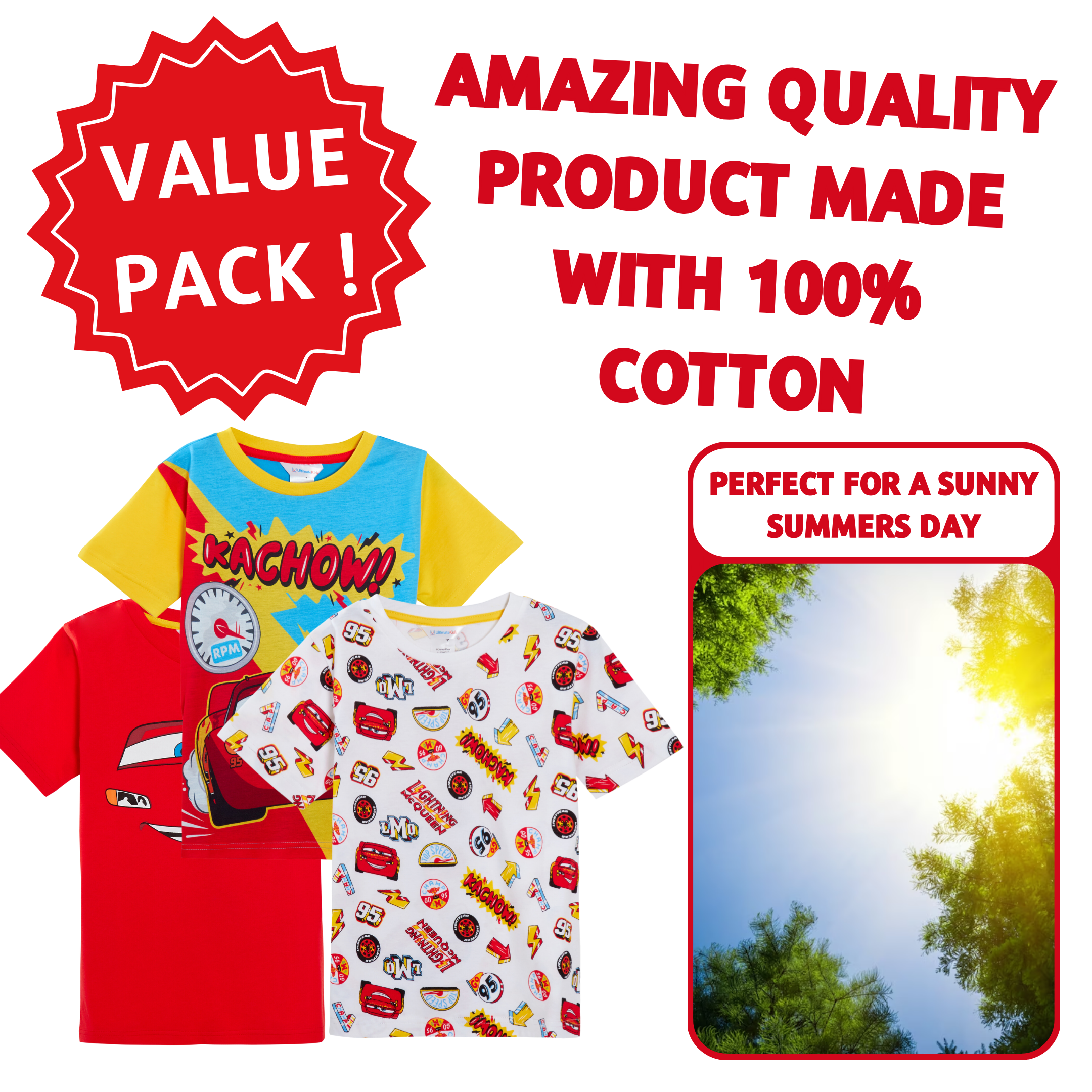 Boys 3 Pack Disney Cars T-Shirts Lightning McQueen Dress Up Top Short Summer Tee