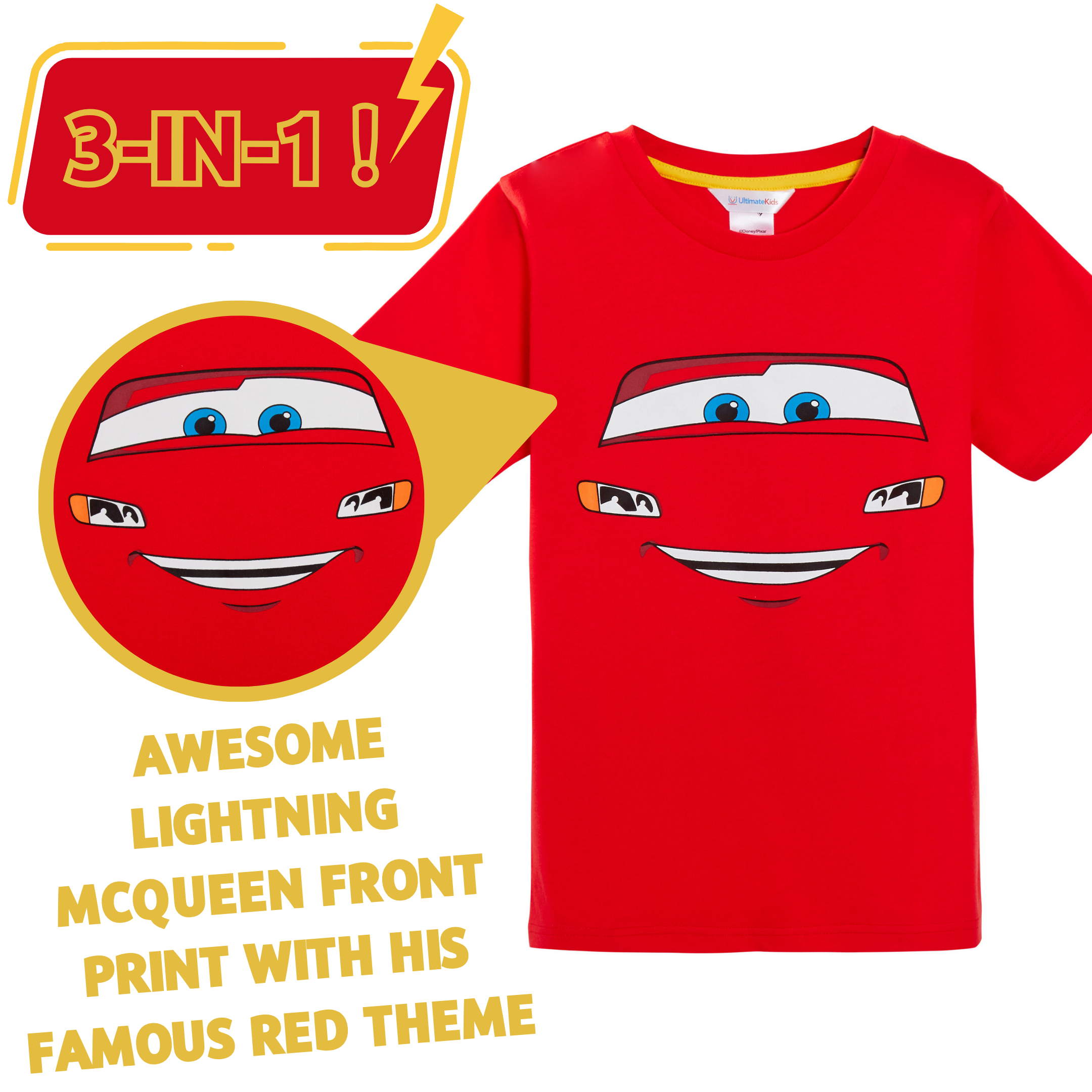 Boys 3 Pack Disney Cars T-Shirts Lightning McQueen Dress Up Top Short Summer Tee