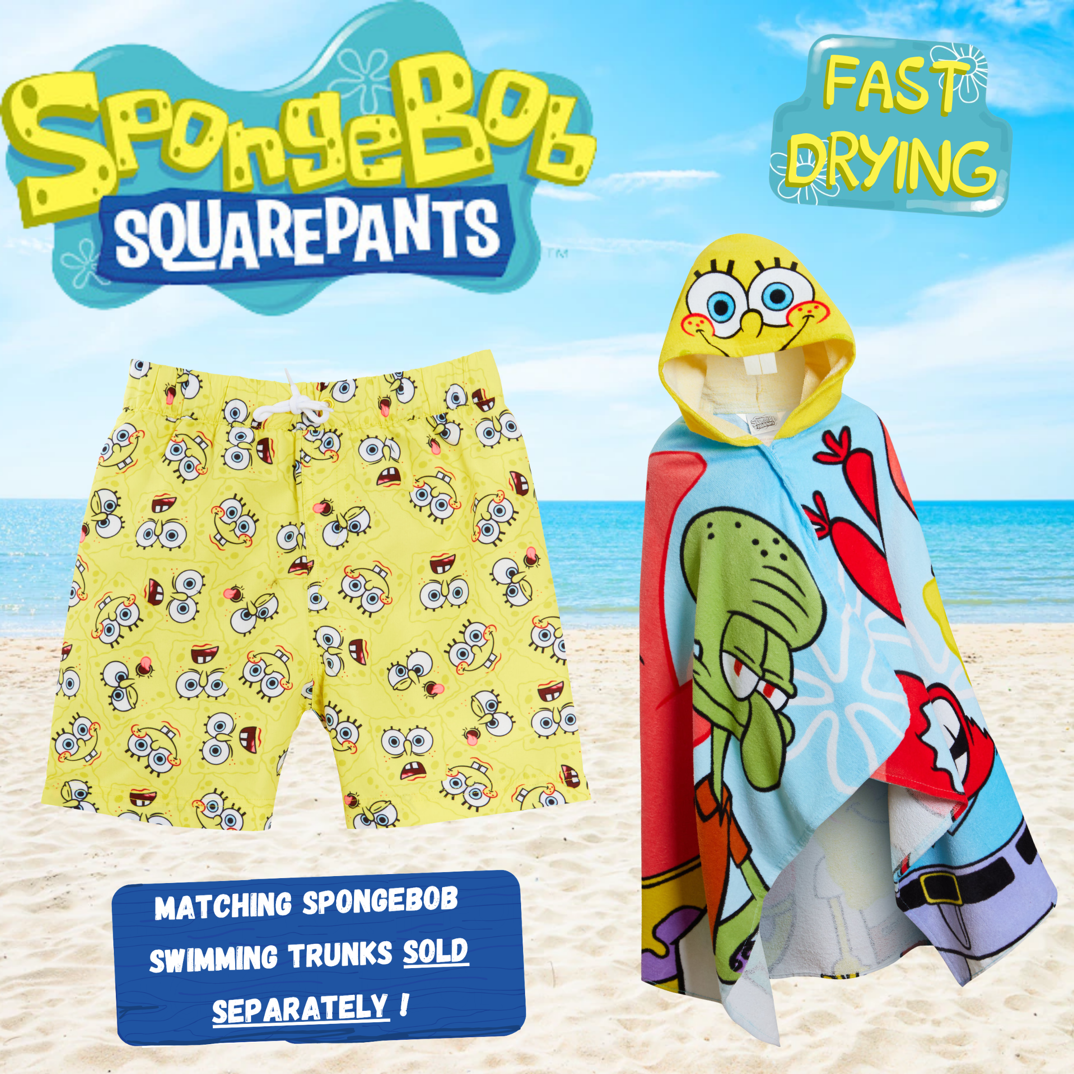 SpongeBob SquarePants Hooded Towel Kids Poncho Beach Bath Towel Swimming Wrap