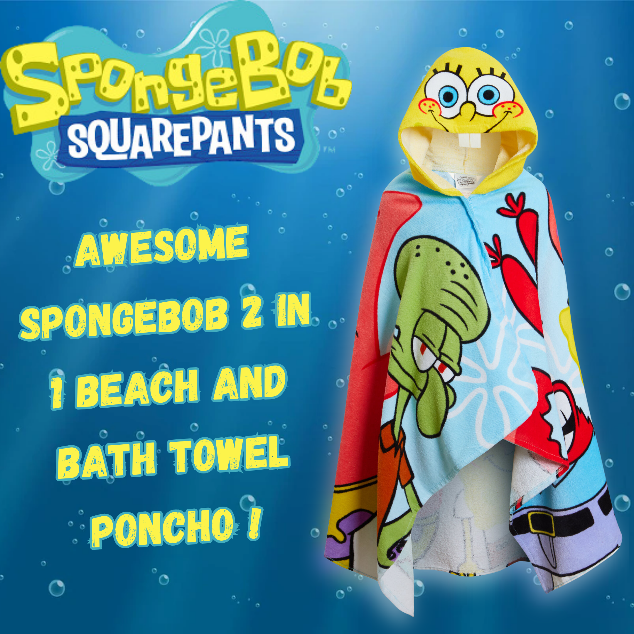 SpongeBob SquarePants Hooded Towel Kids Poncho Beach Bath Towel Swimming Wrap