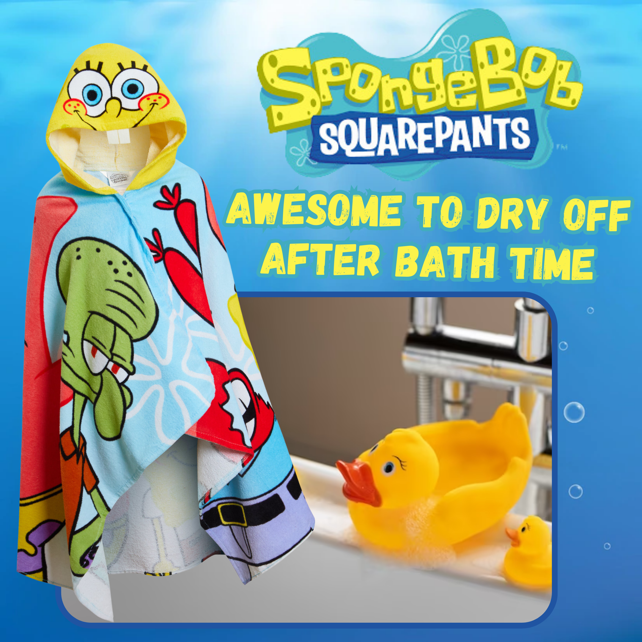 SpongeBob SquarePants Hooded Towel Kids Poncho Beach Bath Towel Swimming Wrap