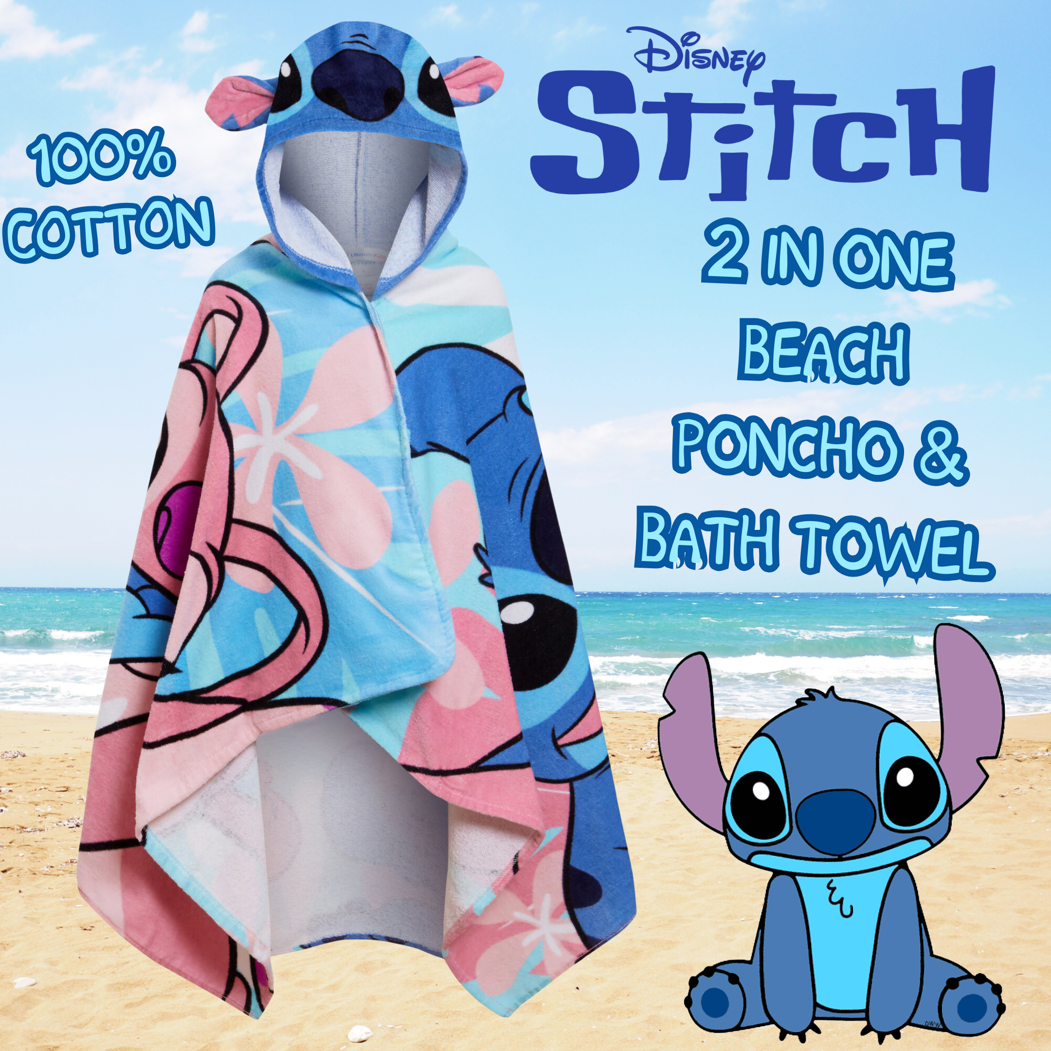Disney Stitch Hooded Towel Girls Poncho Angel Bath Beach Towel Swimming Wrap