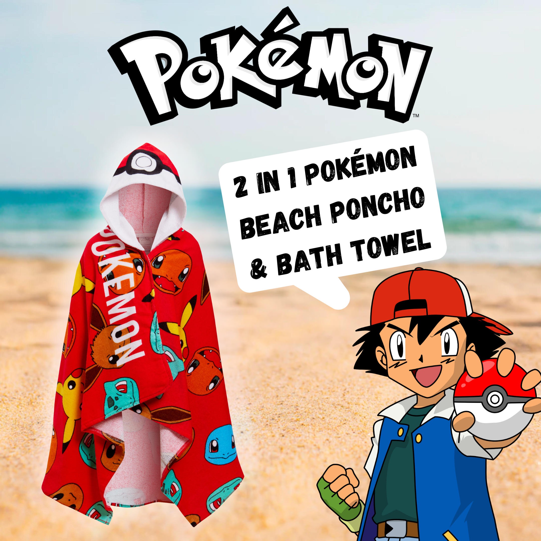 Pokemon Hooded Towel Kids Pikachu Poncho Beachtowel Bath Towel Swimming Wrap