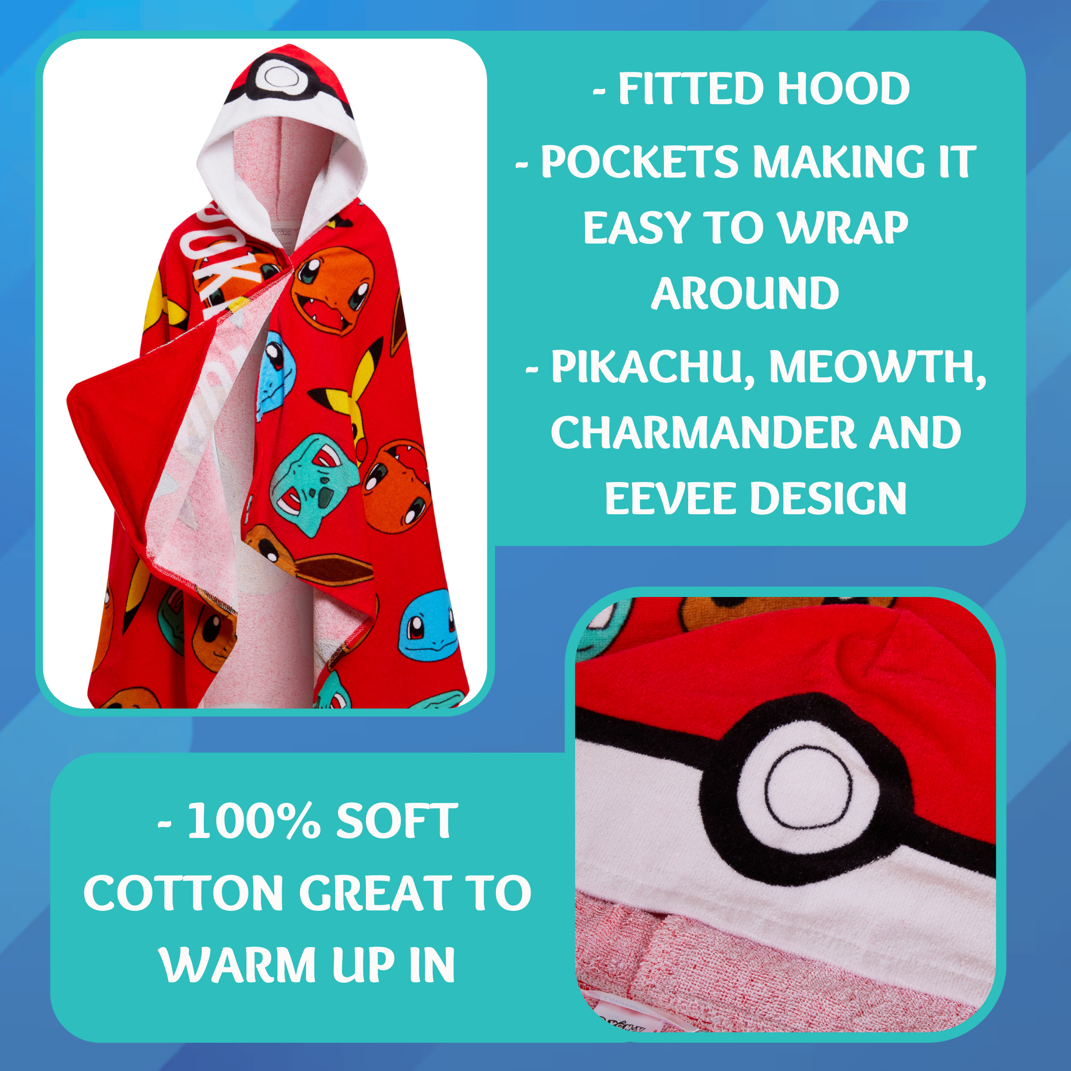Pokemon Hooded Towel Kids Pikachu Poncho Beachtowel Bath Towel Swimming Wrap