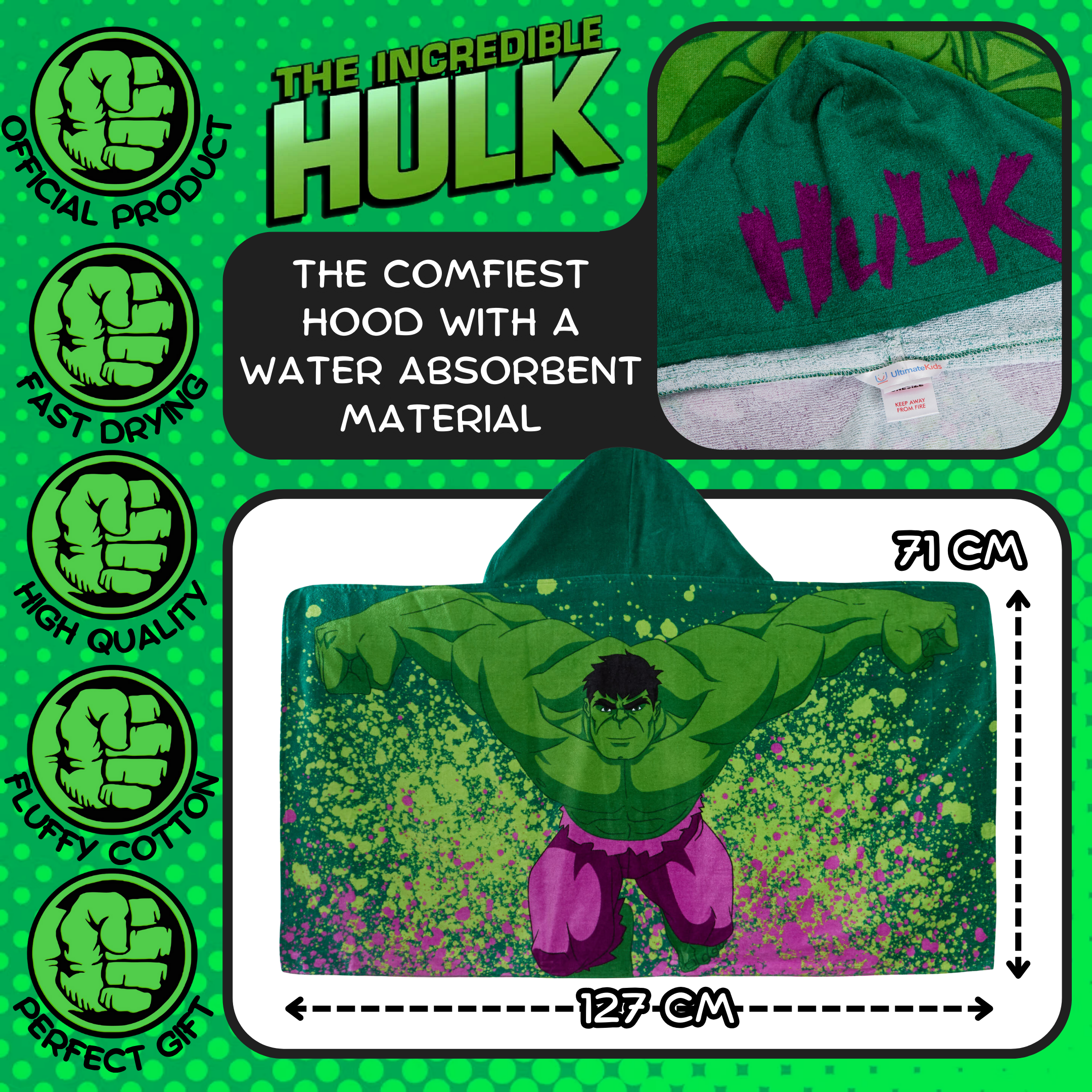 Incredible Hulk Hooded Towel Avengers Poncho Beachtowel Bath Towel Swimming Wrap