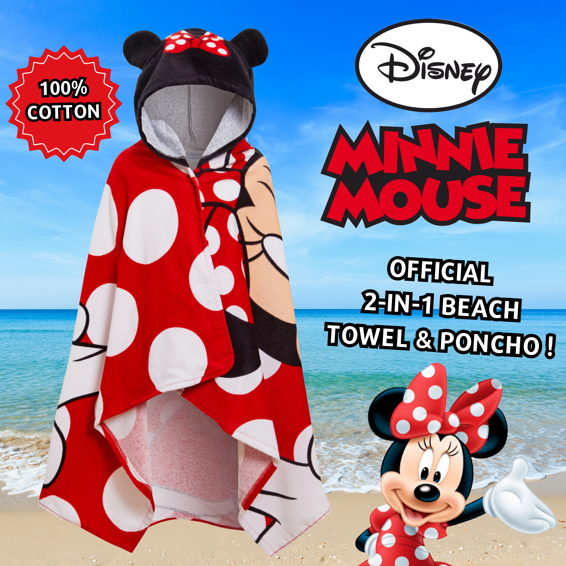 Disney Minnie Mouse Hooded Towel Girls Poncho Kids Beach Bath Towel Swim Robe