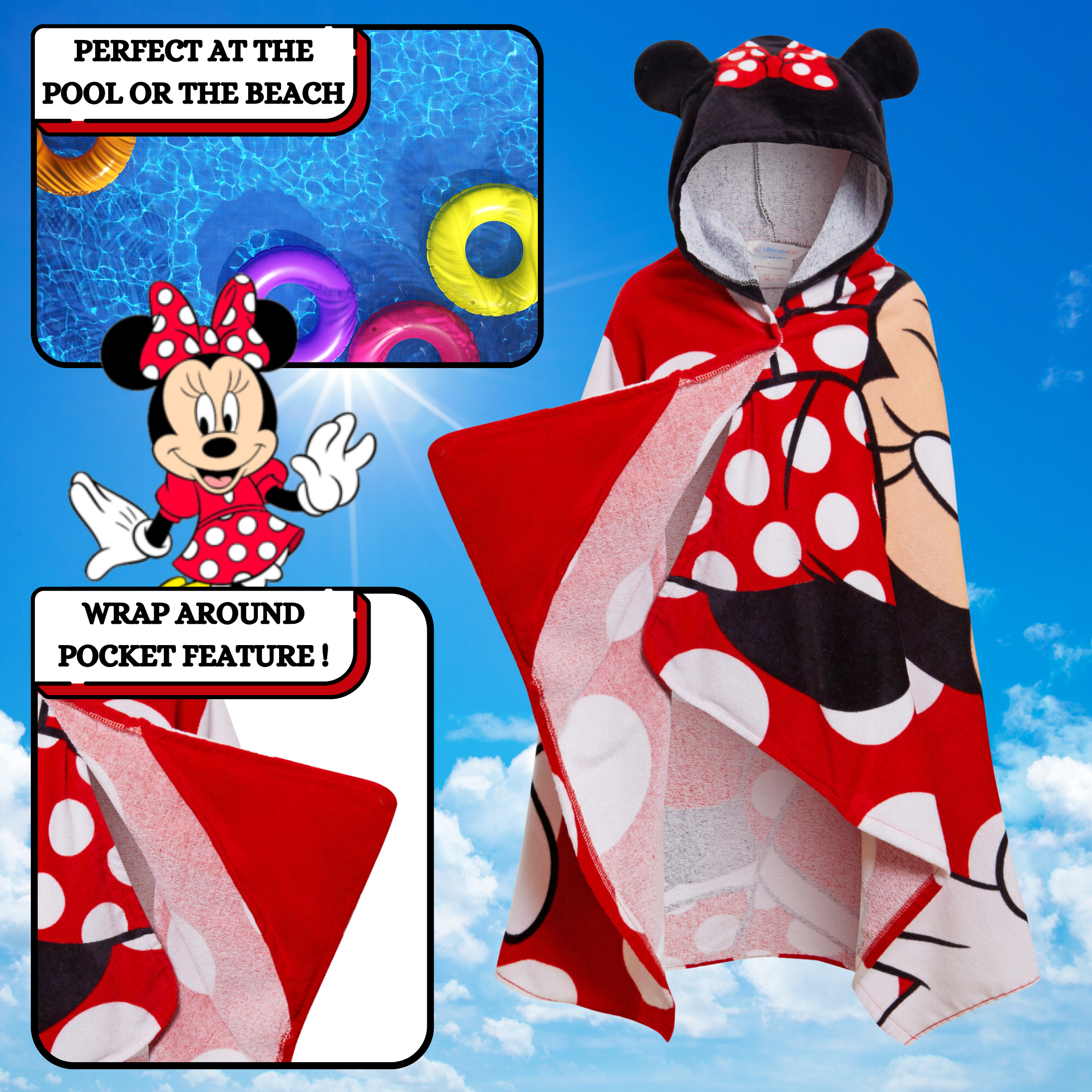 Disney Minnie Mouse Hooded Towel Girls Poncho Kids Beach Bath Towel Swim Robe