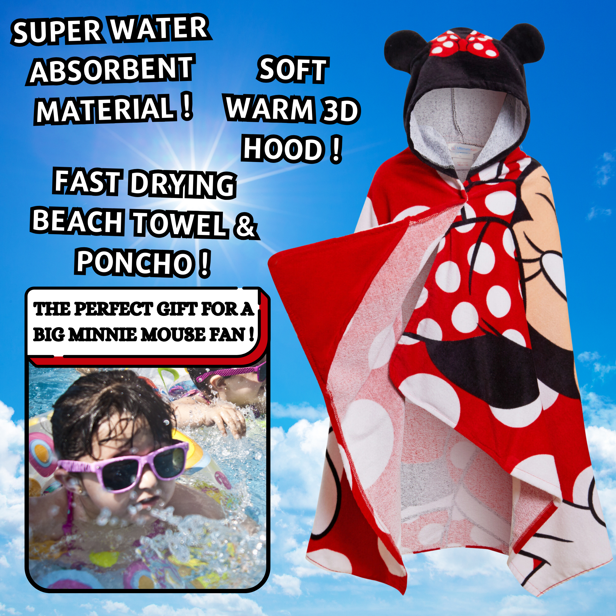 Disney Minnie Mouse Hooded Towel Girls Poncho Kids Beach Bath Towel Swim Robe