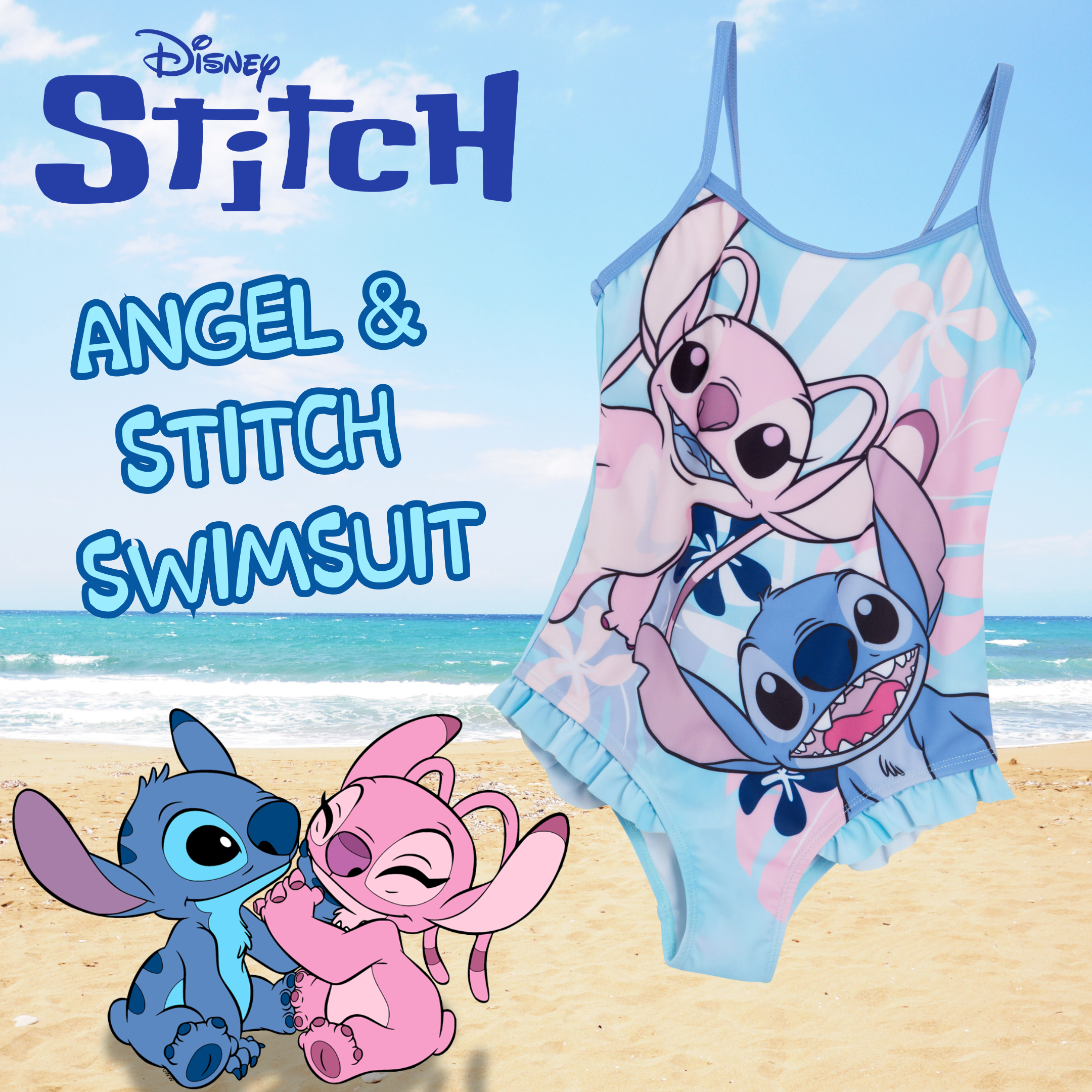 Girls Disney Stitch Swimming Costume Kids Angel Swimwear One Piece Swimsuit Pool