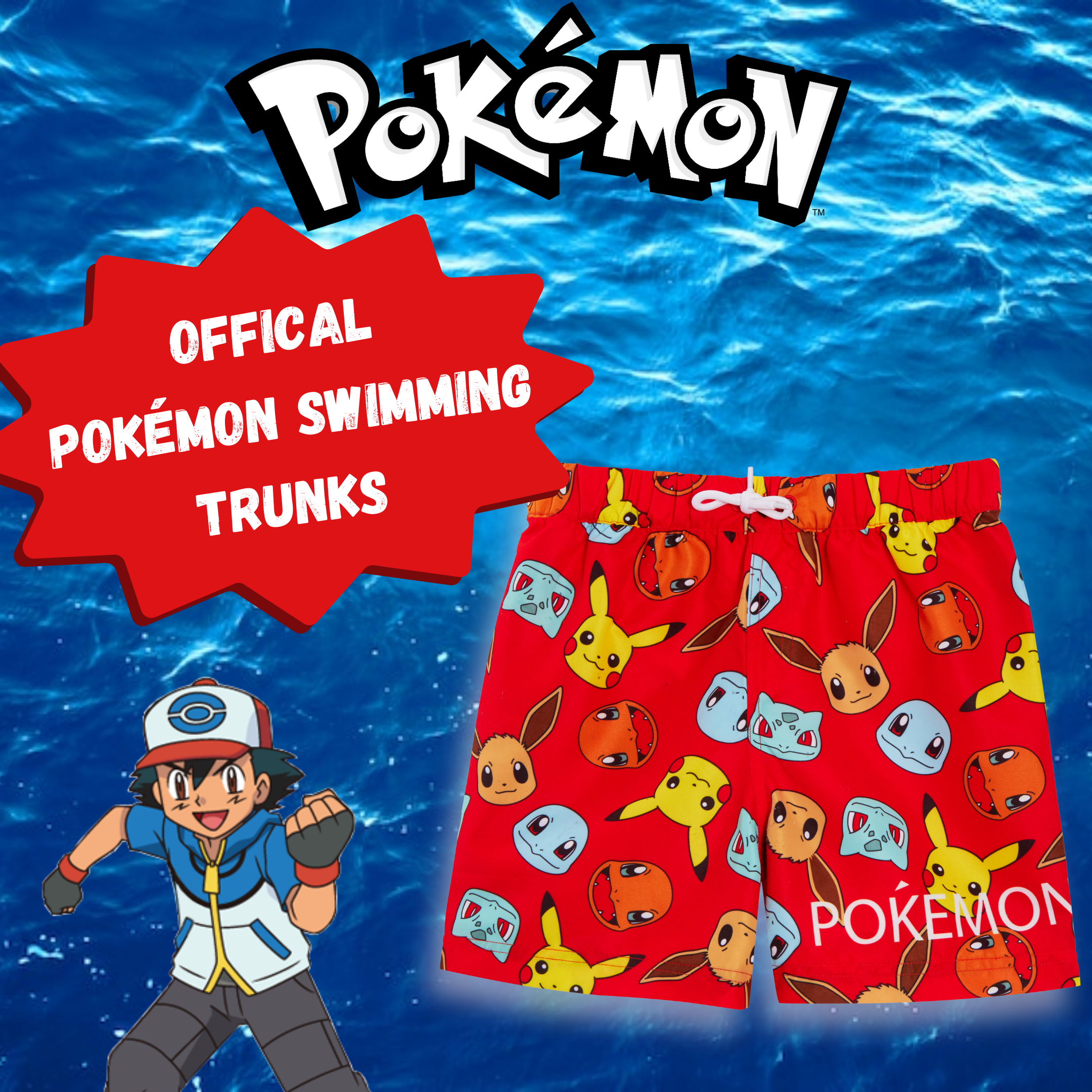 Boys Pokemon Swim Shorts Kids Pikachu Swimming Trunks Holiday Beach Pool Shorts