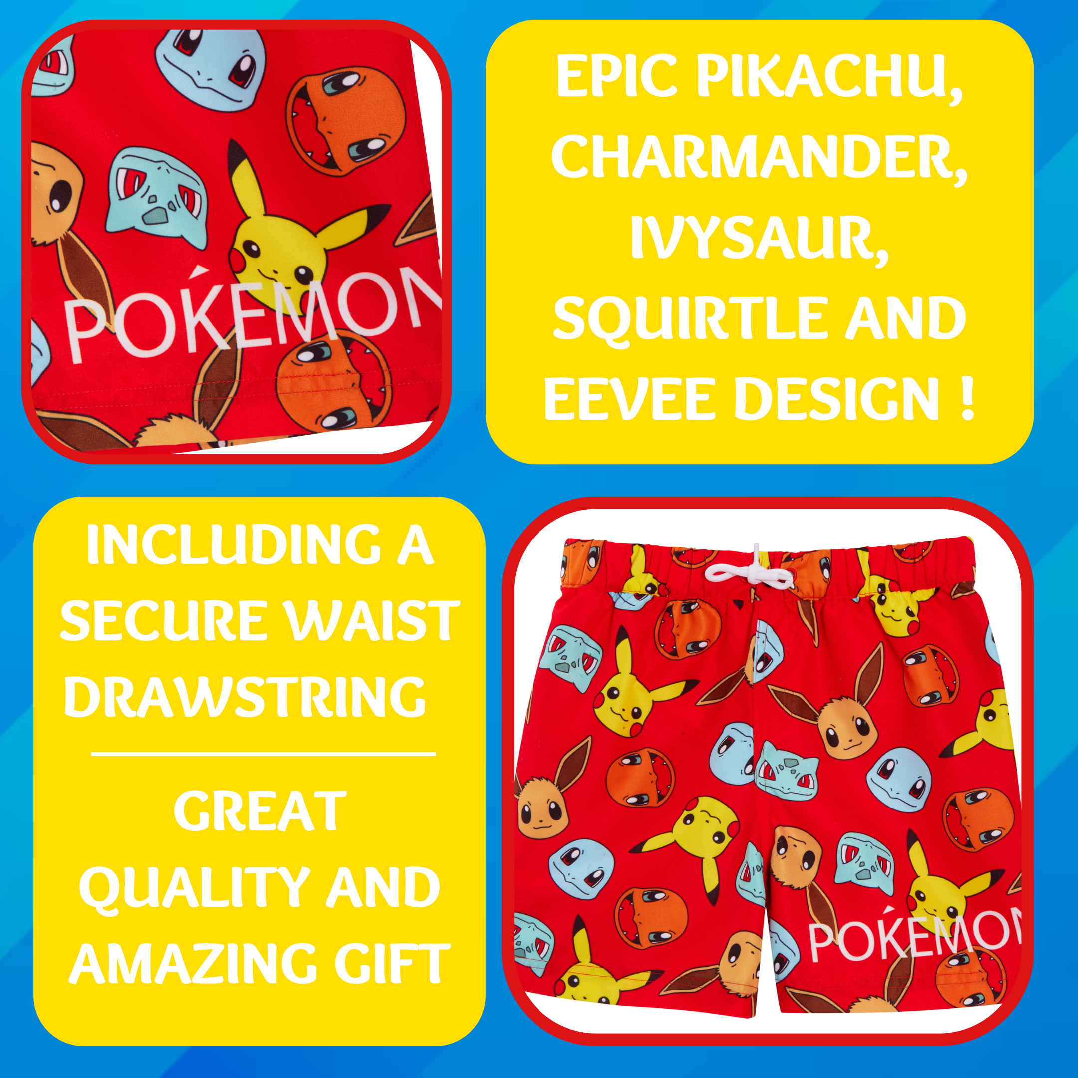 Boys Pokemon Swim Shorts Kids Pikachu Swimming Trunks Holiday Beach Pool Shorts