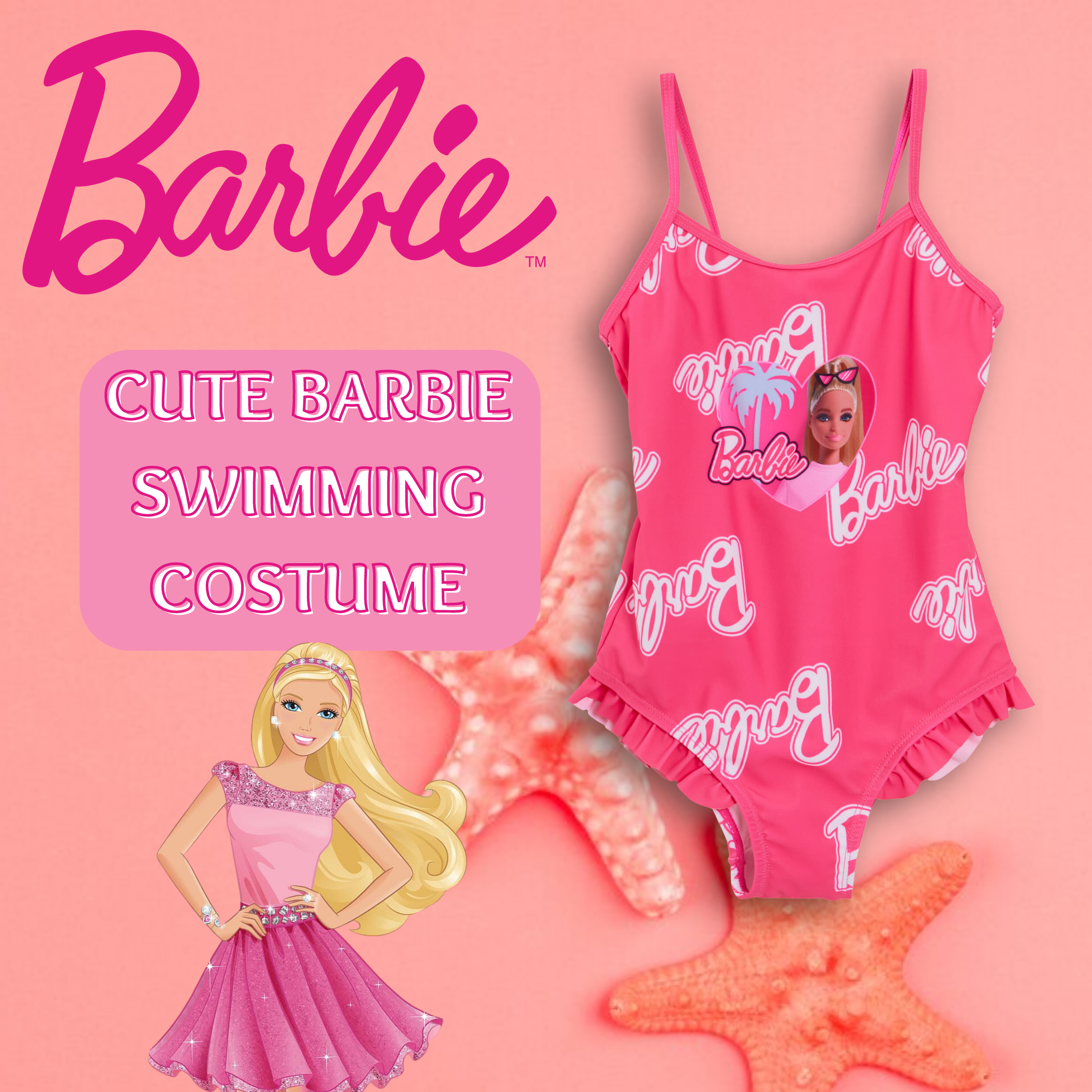 Girls Barbie Swimmming Costume Kids Barbie Pink One Piece Swim Suit Beach Pool