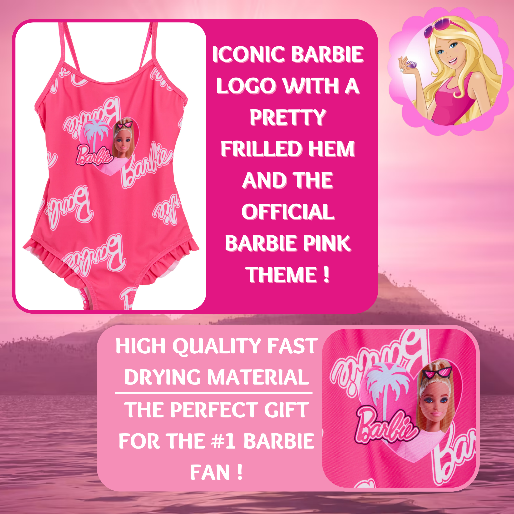Girls Barbie Swimmming Costume Kids Barbie Pink One Piece Swim Suit Beach Pool