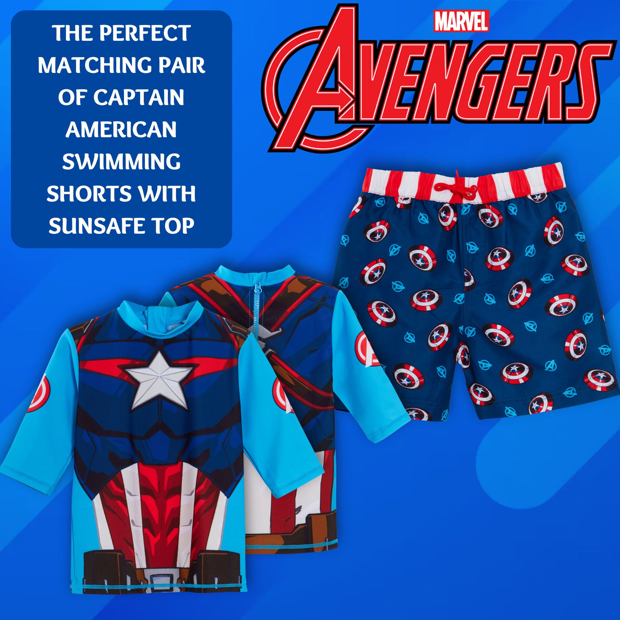 Captain America Swim Shorts + Rash Vest 2 Piece Swim Set Surf Top + Board Shorts