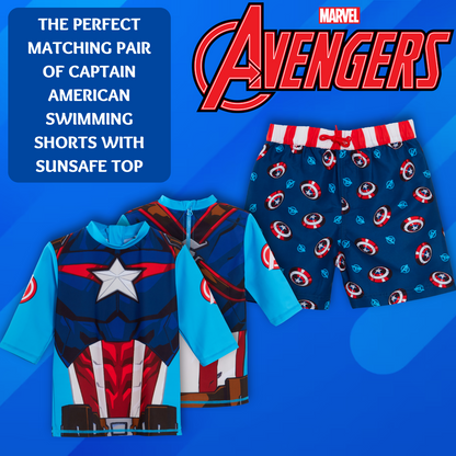 Captain America Swim Shorts + Rash Vest 2 Piece Swim Set Surf Top + Board Shorts