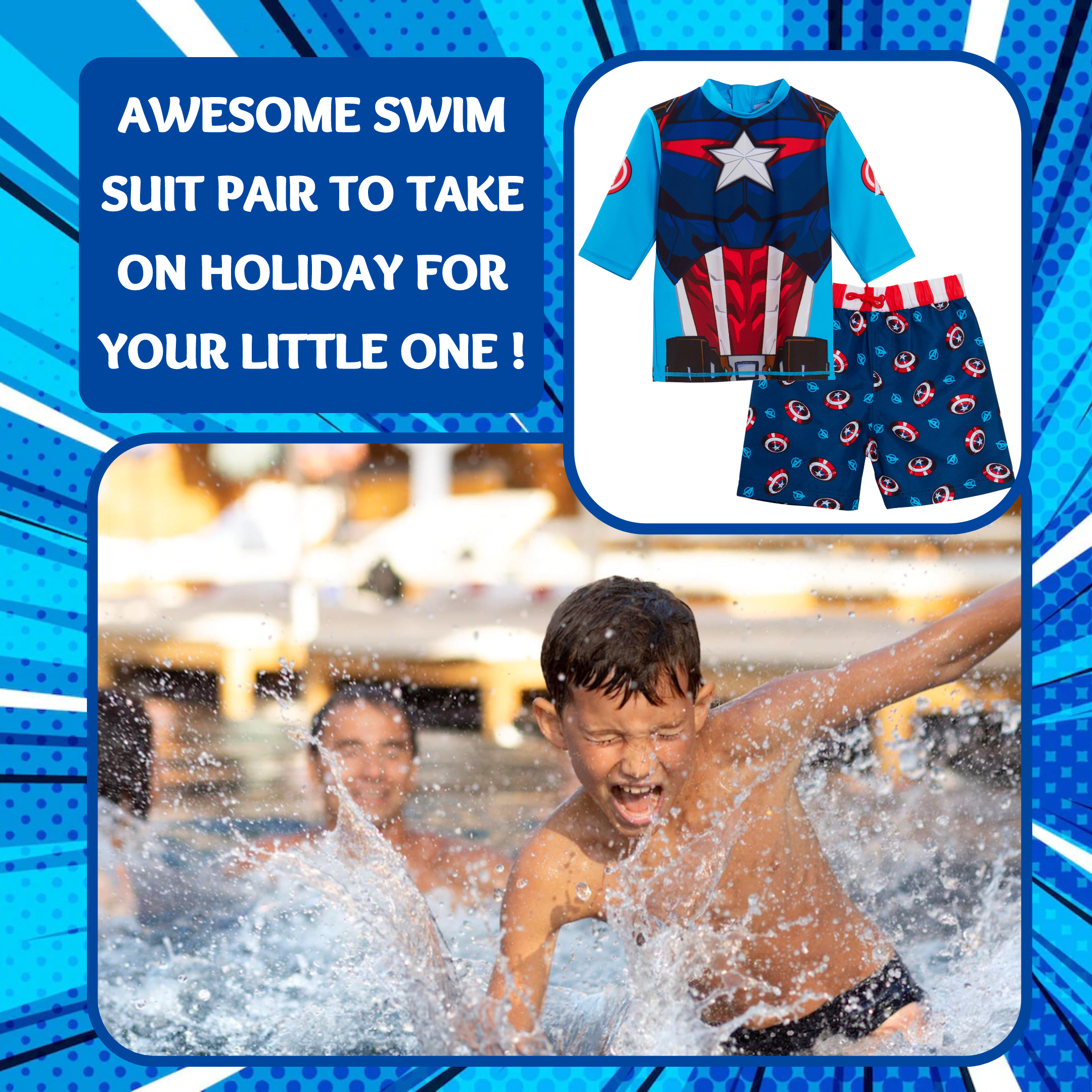 Captain America Swim Shorts + Rash Vest 2 Piece Swim Set Surf Top + Board Shorts
