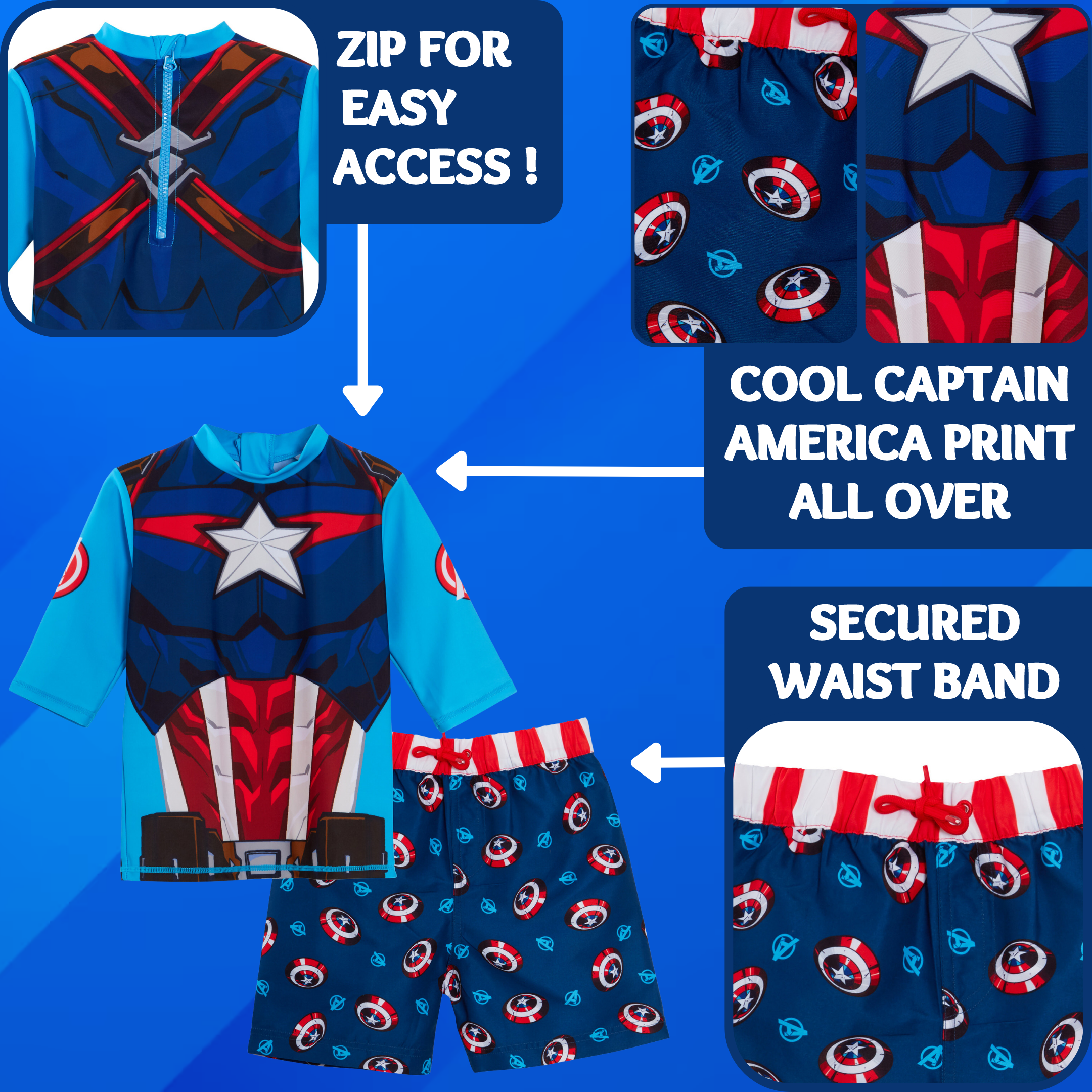 Captain America Swim Shorts + Rash Vest 2 Piece Swim Set Surf Top + Board Shorts