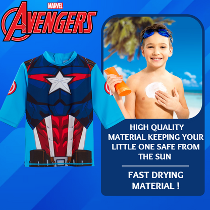Captain America Swim Shorts + Rash Vest 2 Piece Swim Set Surf Top + Board Shorts