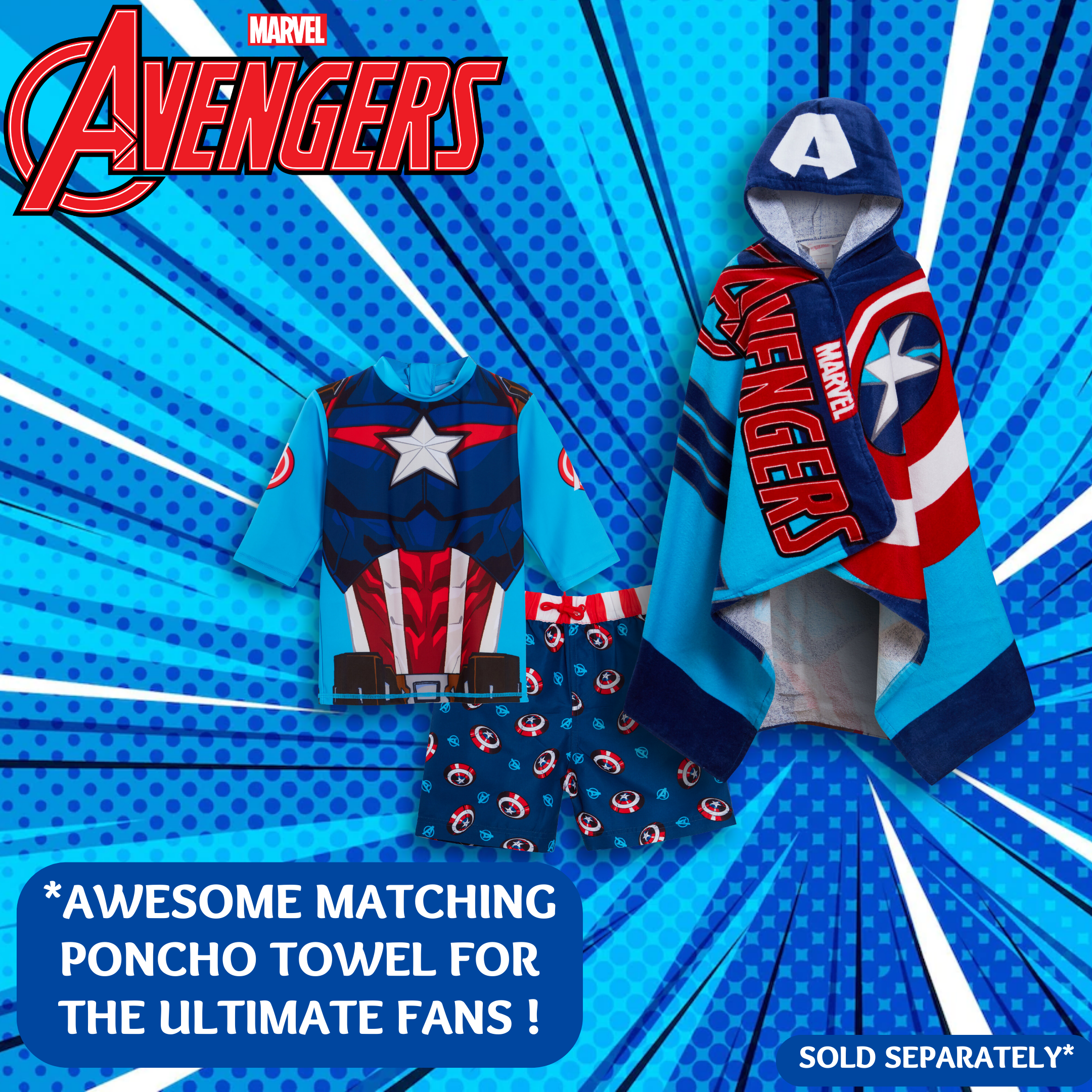 Captain America Swim Shorts + Rash Vest 2 Piece Swim Set Surf Top + Board Shorts