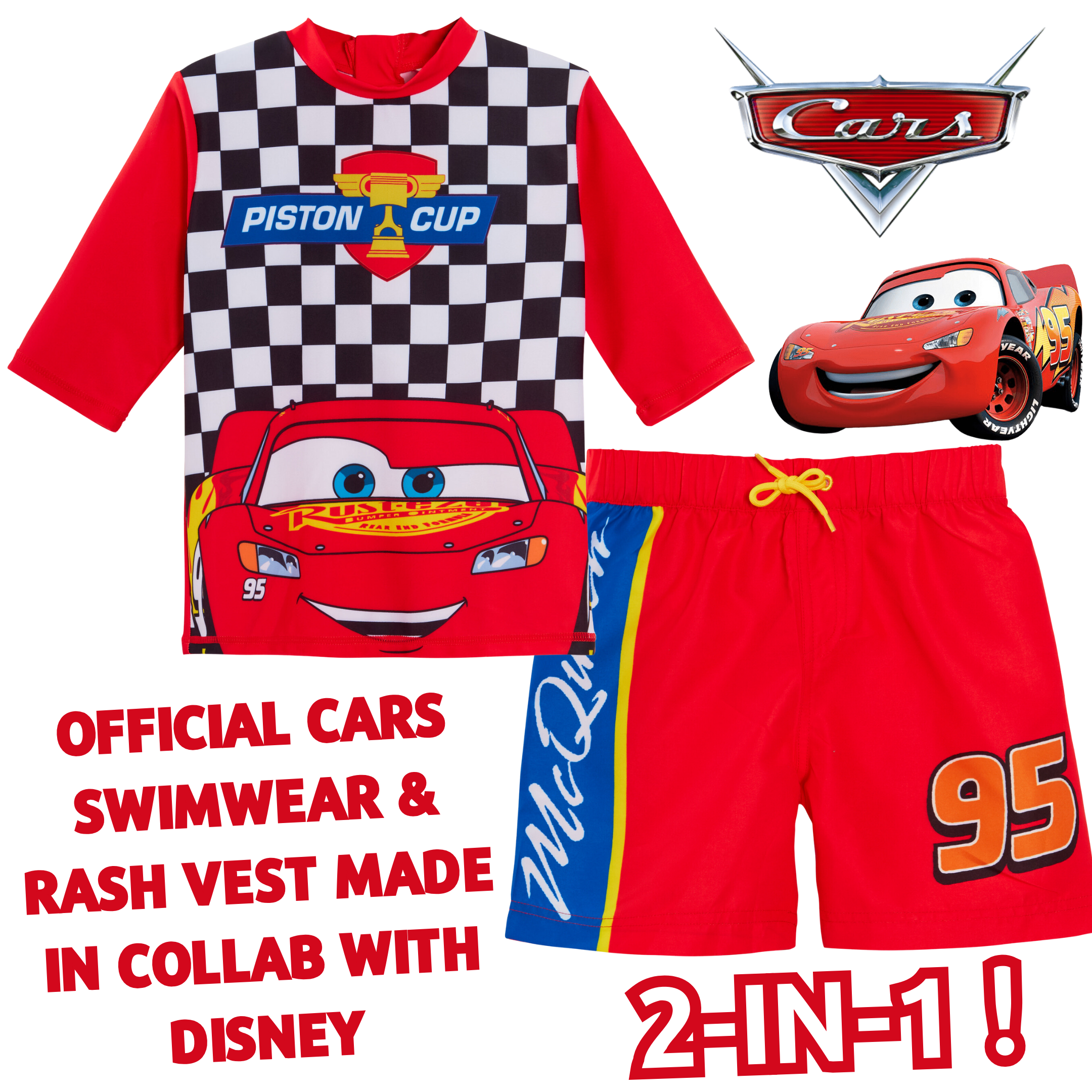 Boys Disney Cars Swim Shorts + Rash Vest Lighnting McQueen 2 Piece Swim Set