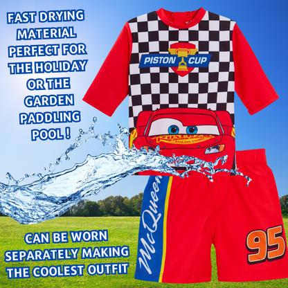 Boys Disney Cars Swim Shorts + Rash Vest Lighnting McQueen 2 Piece Swim Set