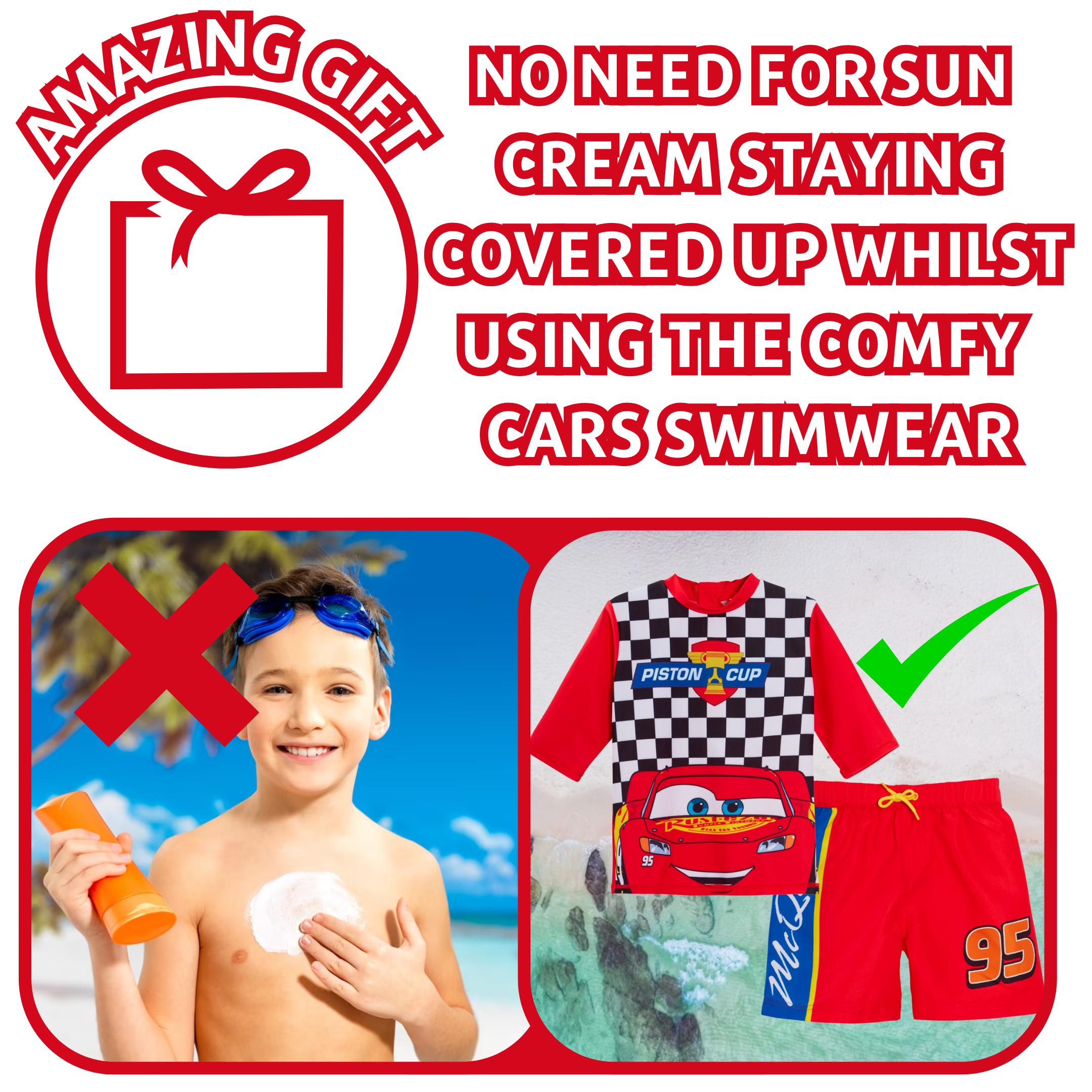 Boys Disney Cars Swim Shorts + Rash Vest Lighnting McQueen 2 Piece Swim Set