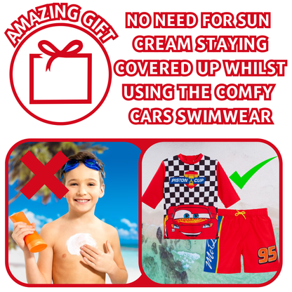 Boys Disney Cars Swim Shorts + Rash Vest Lighnting McQueen 2 Piece Swim Set