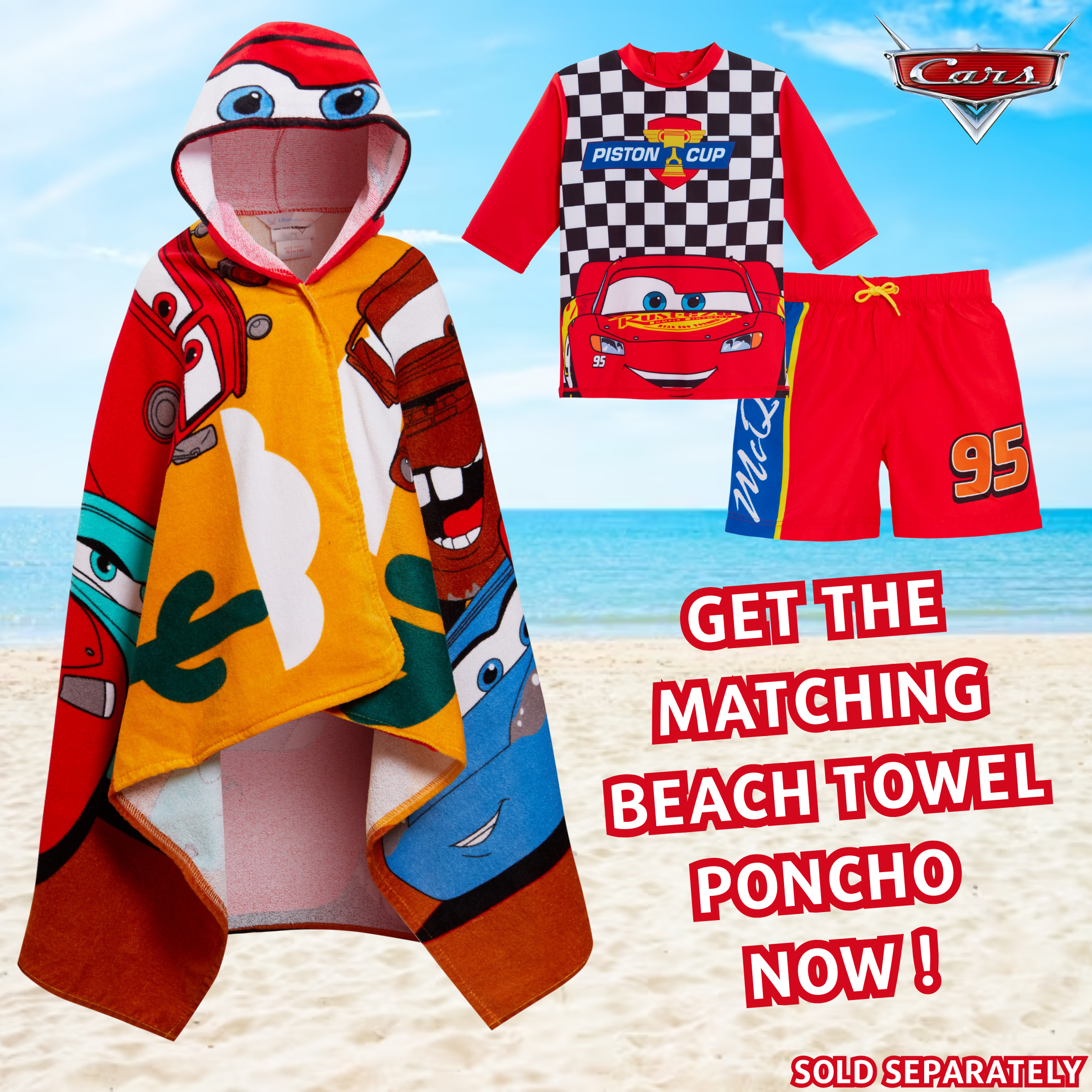 Boys Disney Cars Swim Shorts + Rash Vest Lighnting McQueen 2 Piece Swim Set