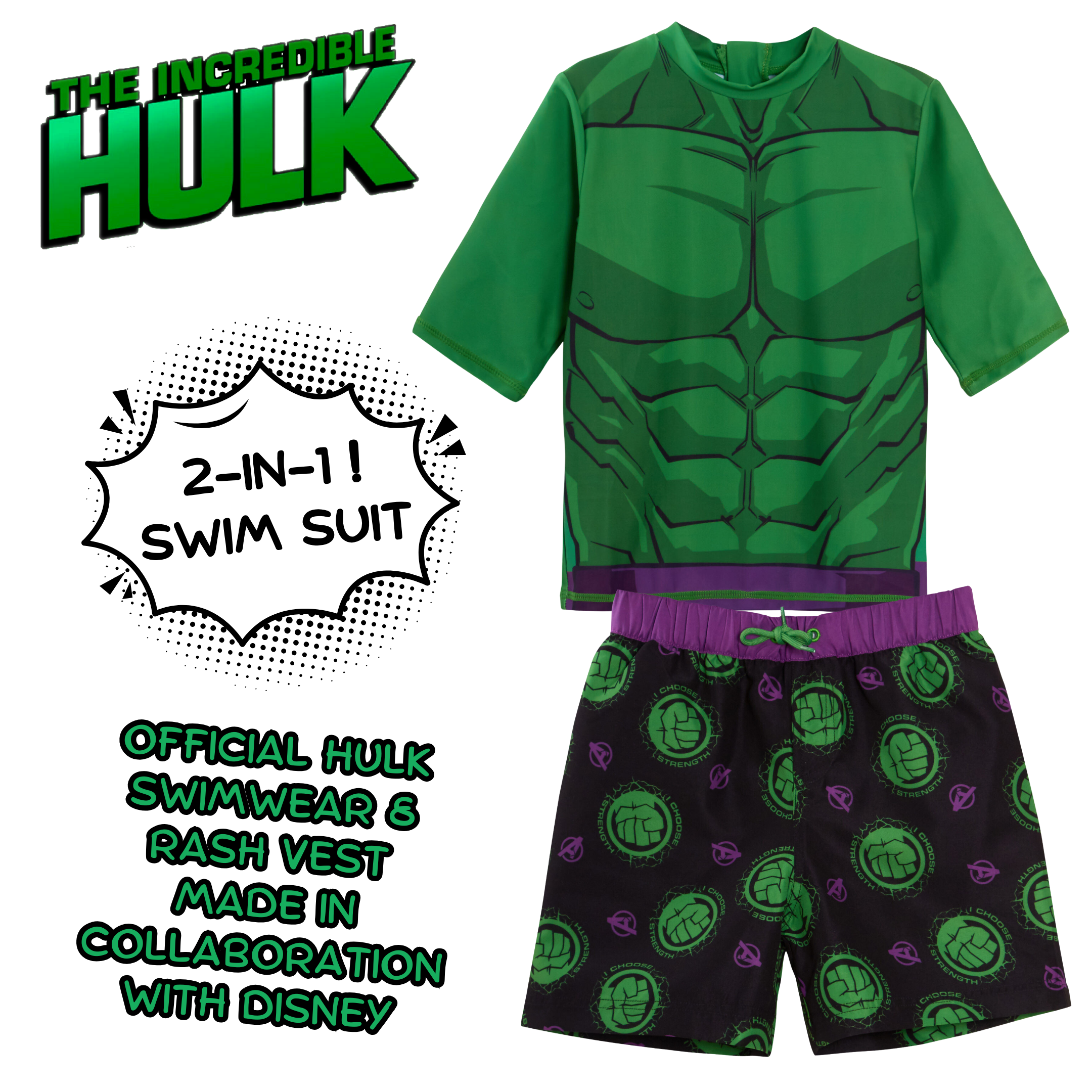 Incredible Hulk Swim Shorts + Rash Vest 2 Piece Swim Set Surf Top + Board Shorts